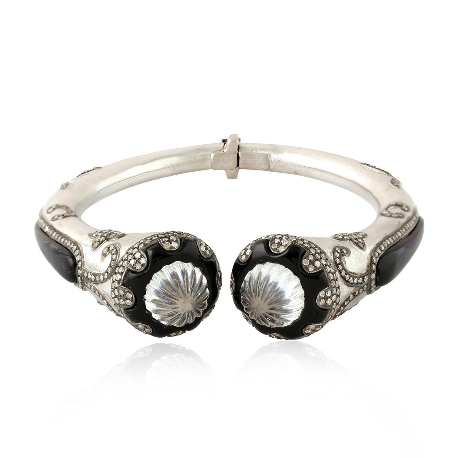 Onyx & Crystal Quartz Bracelet with Diamonds Made in 18k Gold & Silver In New Condition For Sale In New York, NY
