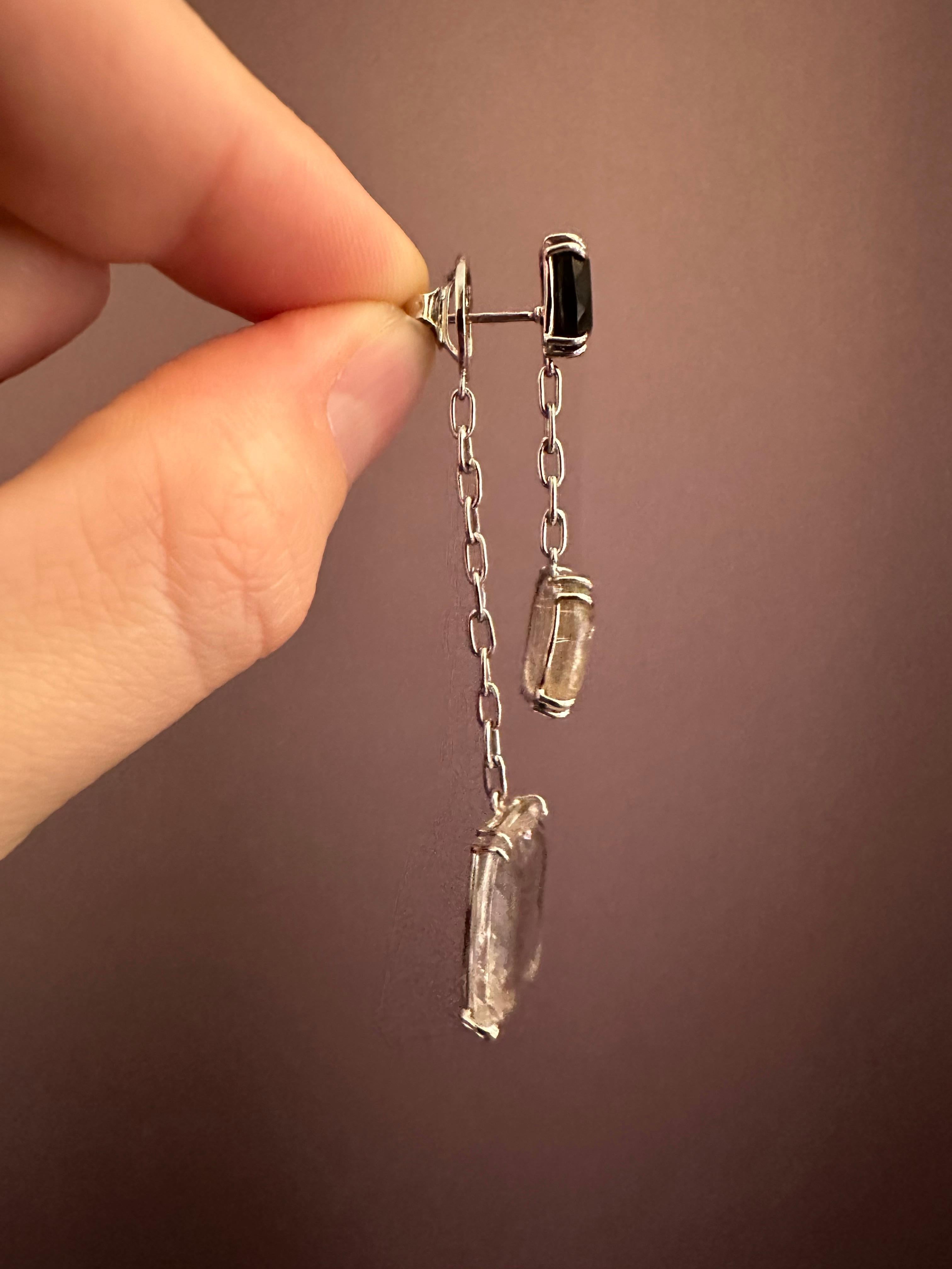 Contemporary Onyx, Crystal Rock and Rutilated Quartz Long Dangle Earrings set in White Gold For Sale