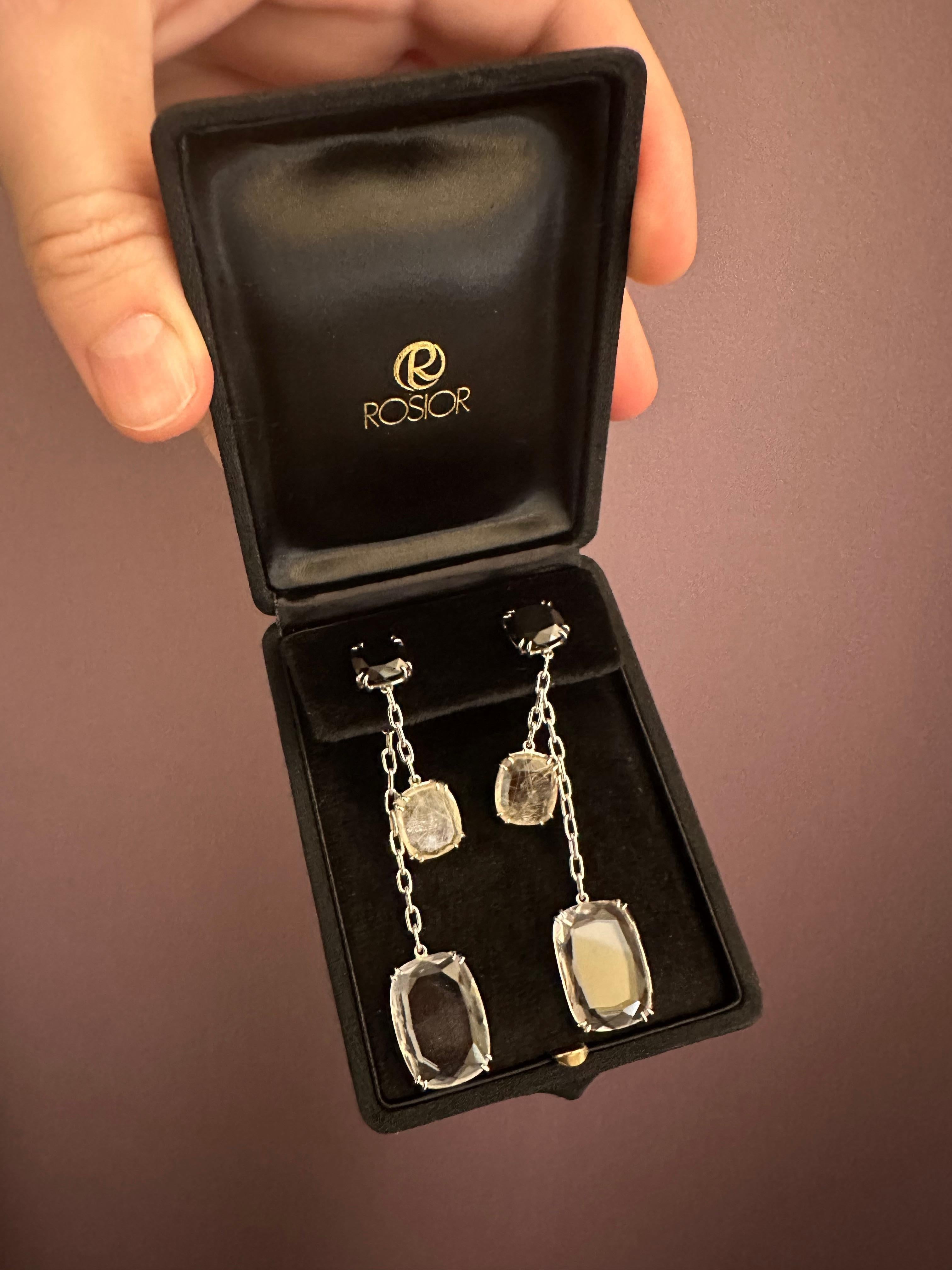 Contemporary Onyx, Crystal Rock and Rutilated Quartz Long Dangle Earrings set in White Gold For Sale