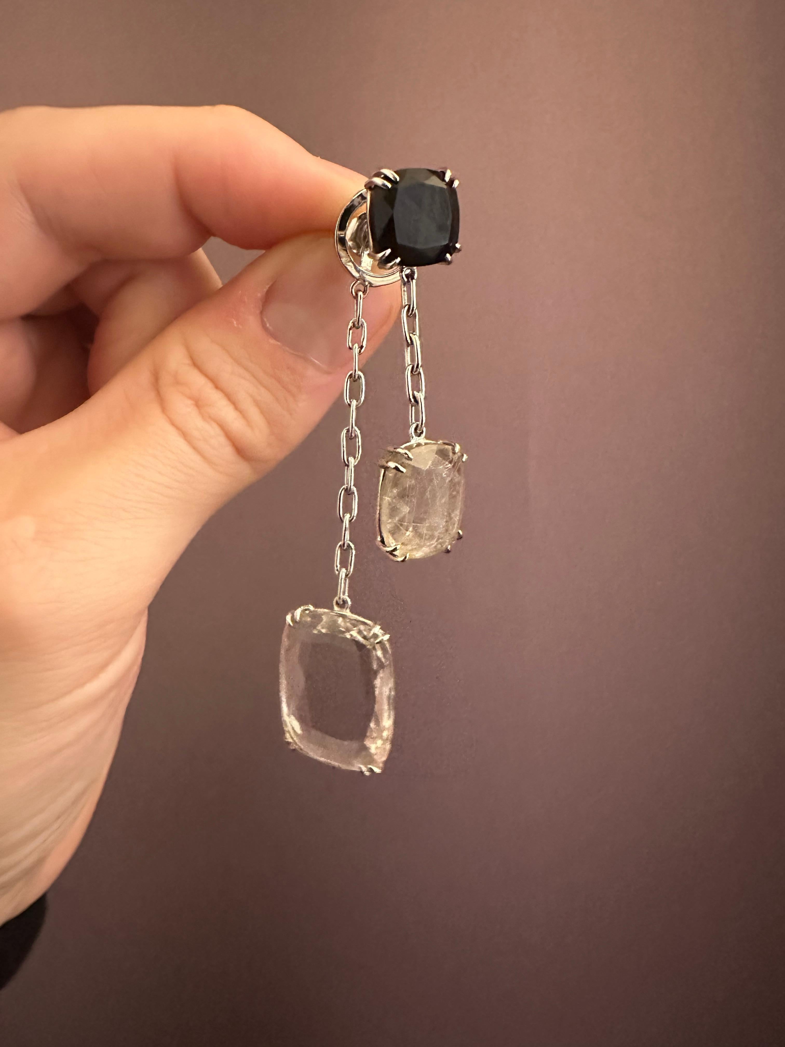 Mixed Cut Onyx, Crystal Rock and Rutilated Quartz Long Dangle Earrings set in White Gold For Sale