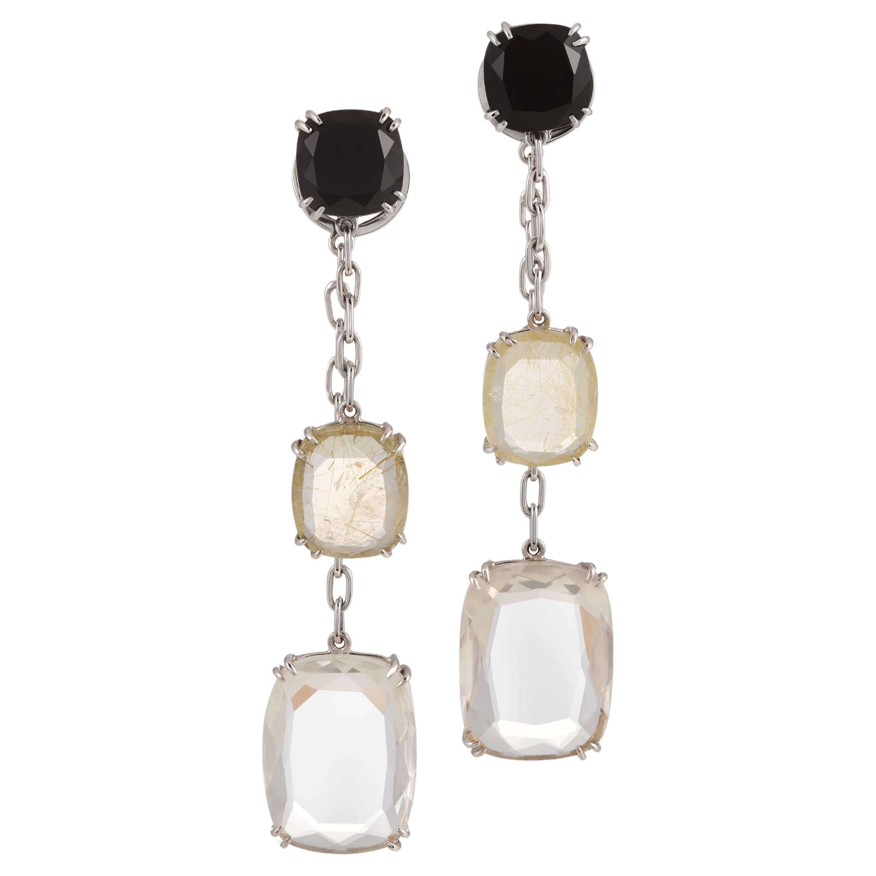 Onyx, Crystal Rock and Rutilated Quartz Long Dangle Earrings set in White Gold For Sale