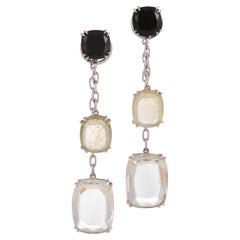 Onyx, Crystal Rock and Rutilated Quartz Long Dangle Earrings set in White Gold