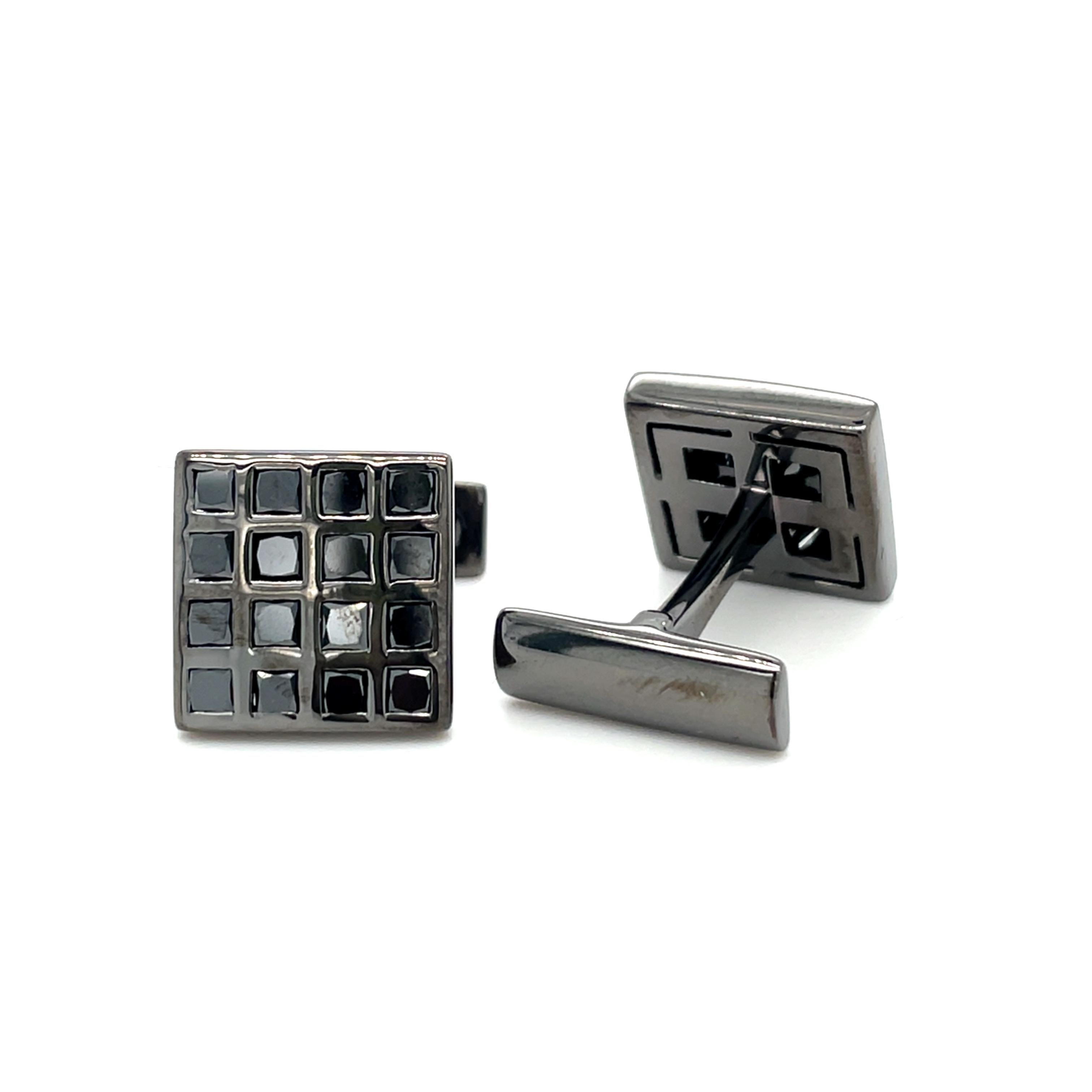 These 18K white gold (black rhodium) unique cufflinks are from Wedding Collection. These very elegant cufflinks are made with black Princess Cut Diamond in total 3.95 ct and white gold black rhodium. Total metal weight is 14.40 gr. These cufflinks