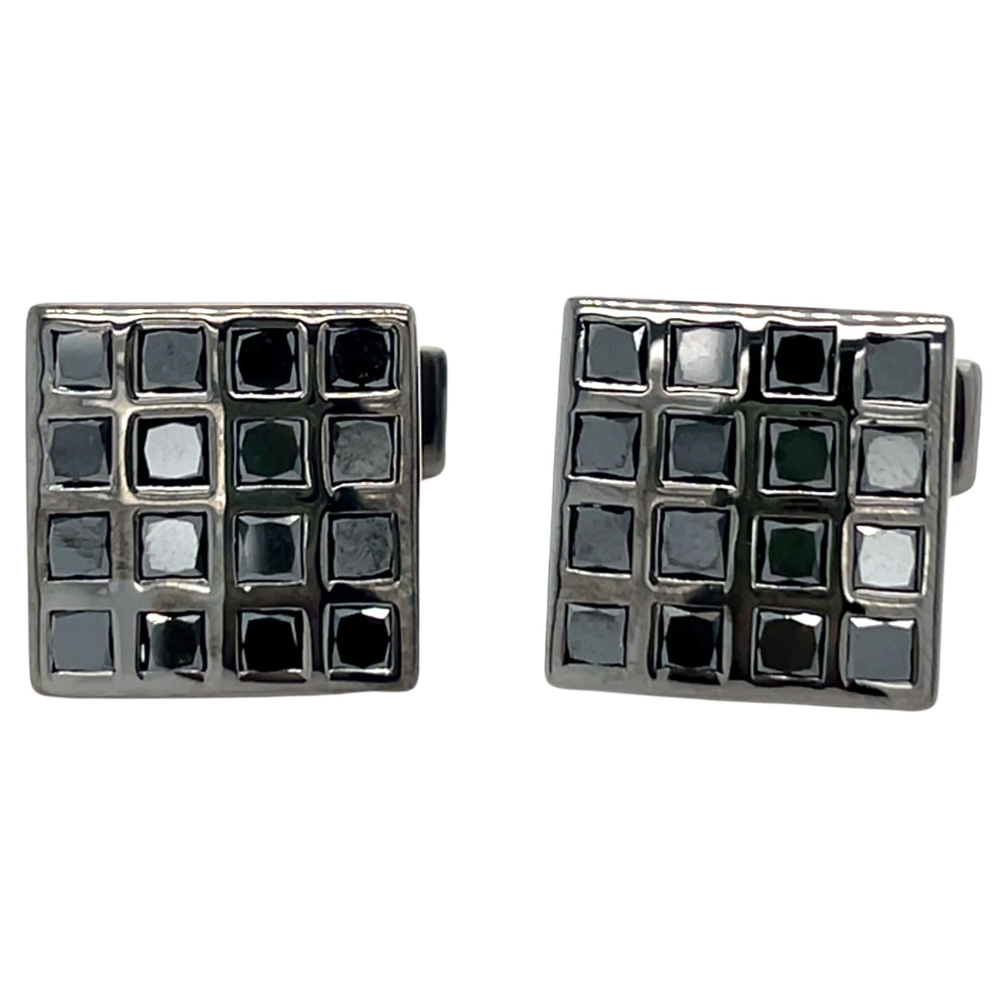 Boutons de manchette onyx noir et rhodium en vente