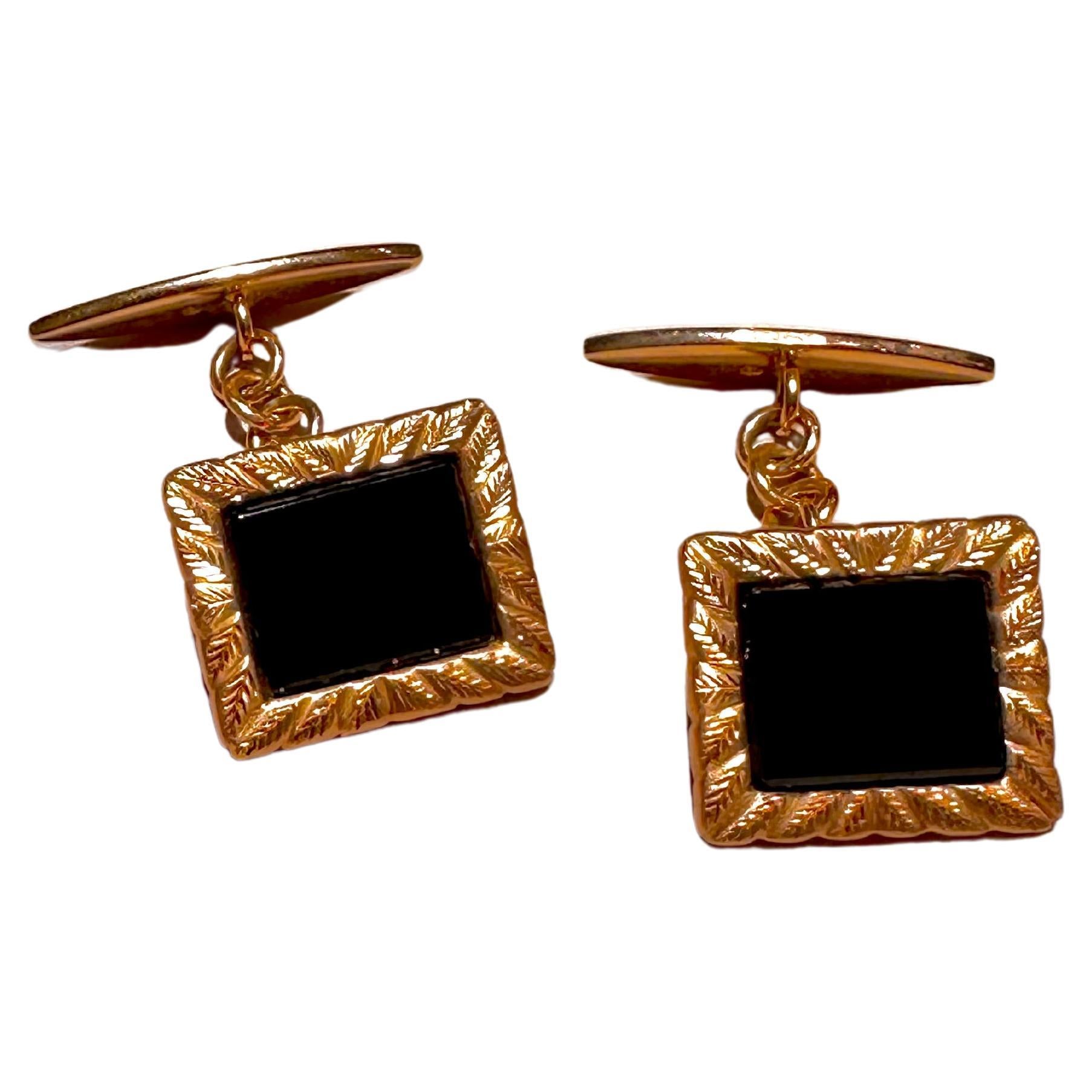 Onyx Cufflinks set on Hand Chiseled Rose Gold For Sale