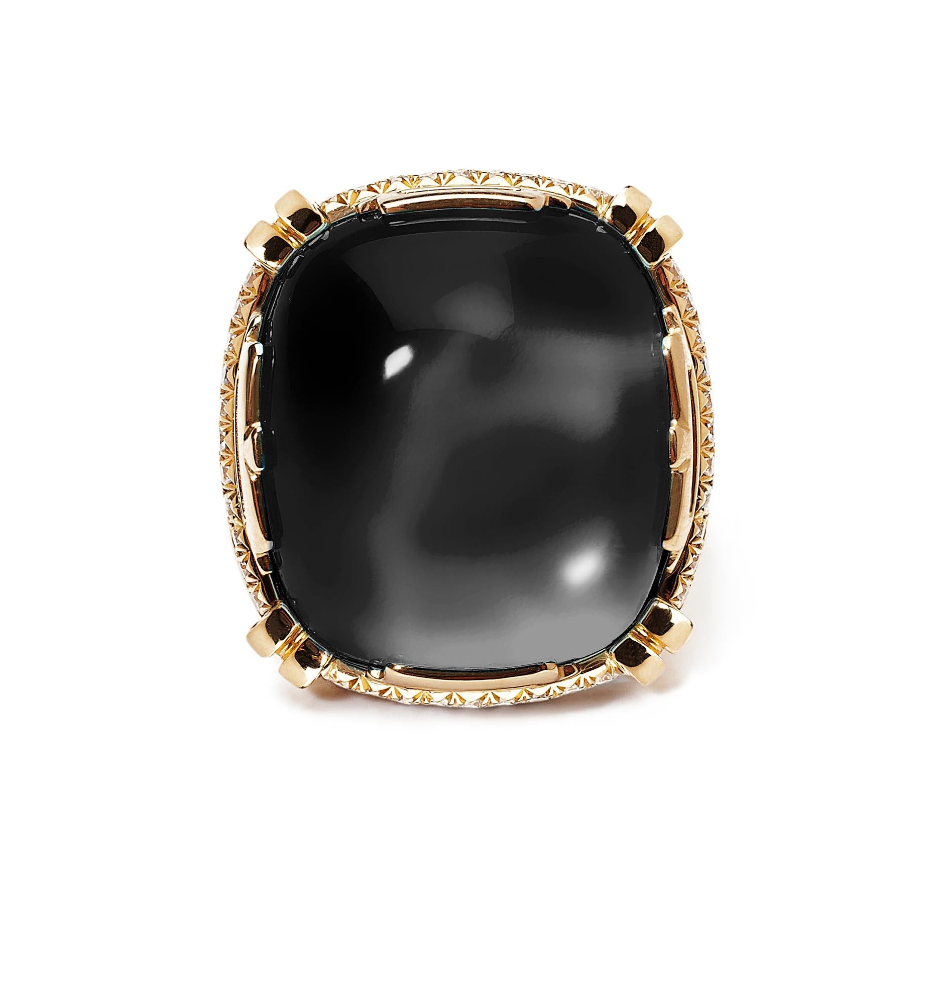 Onyx Cushion Cabochon Ring in 18K Yellow Gold with Diamonds, from 'Rock 'N Roll' Collection

Stone Size: 21.50 x 19.5 mm

 Gemstone Approx. Wt: Onyx 49.07 Carats

Diamonds: G-H / VS, Approx. Wt: 1.14 Carats