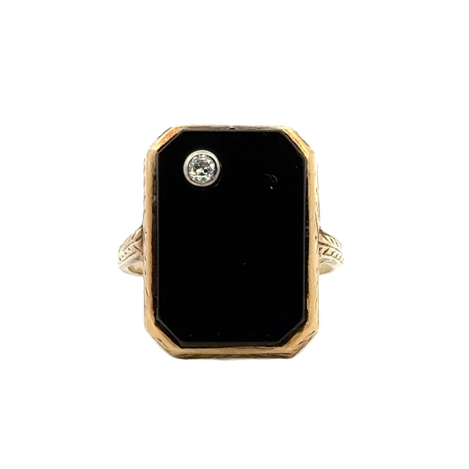 Onyx Diamant 14 Karat Gelbgold Rechteckiger Vintage Ring (Art déco)