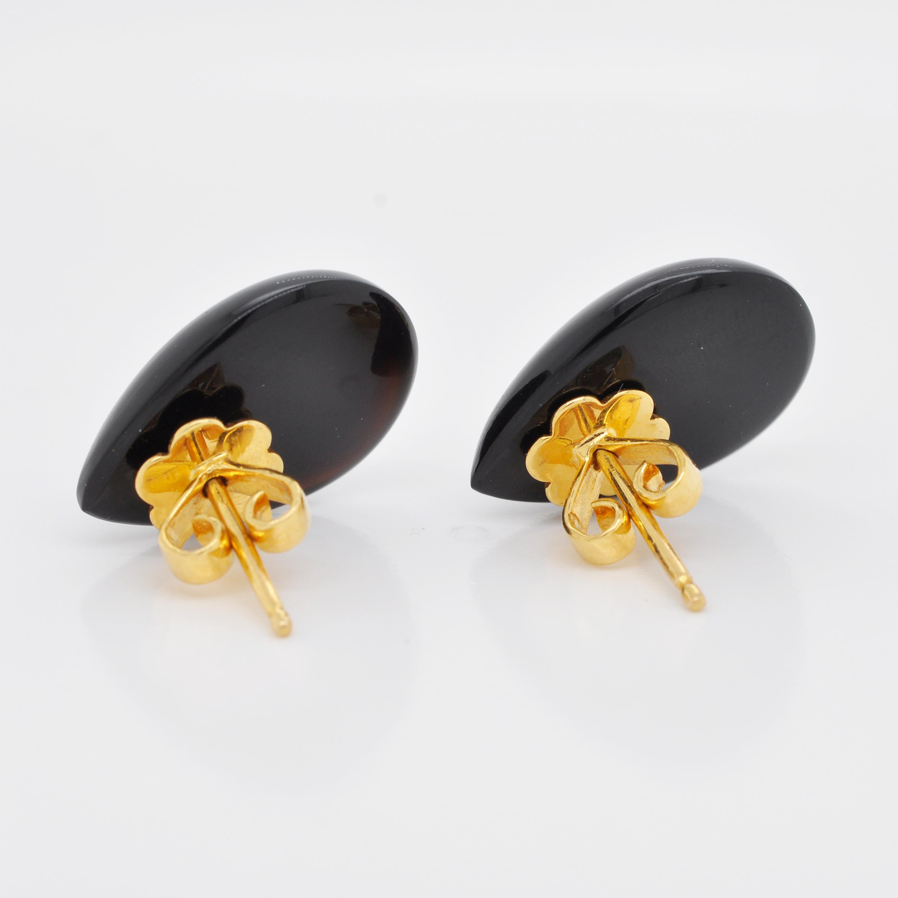 Tapered Baguette 18 Karat Gold Black Onyx Pear Diamond Art Deco Style Stud Earrings For Sale