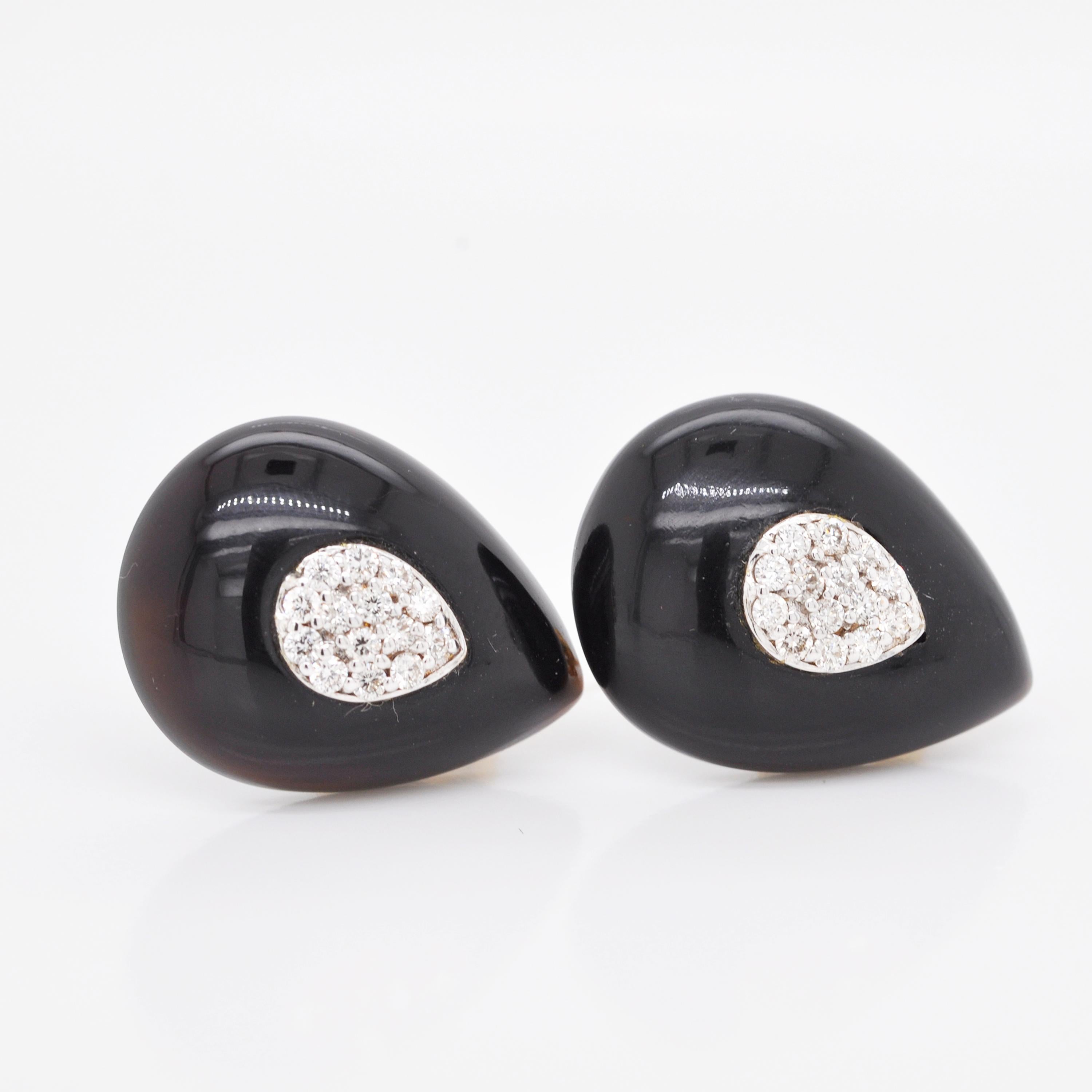 Women's 18 Karat Gold Black Onyx Pear Diamond Art Deco Style Stud Earrings For Sale