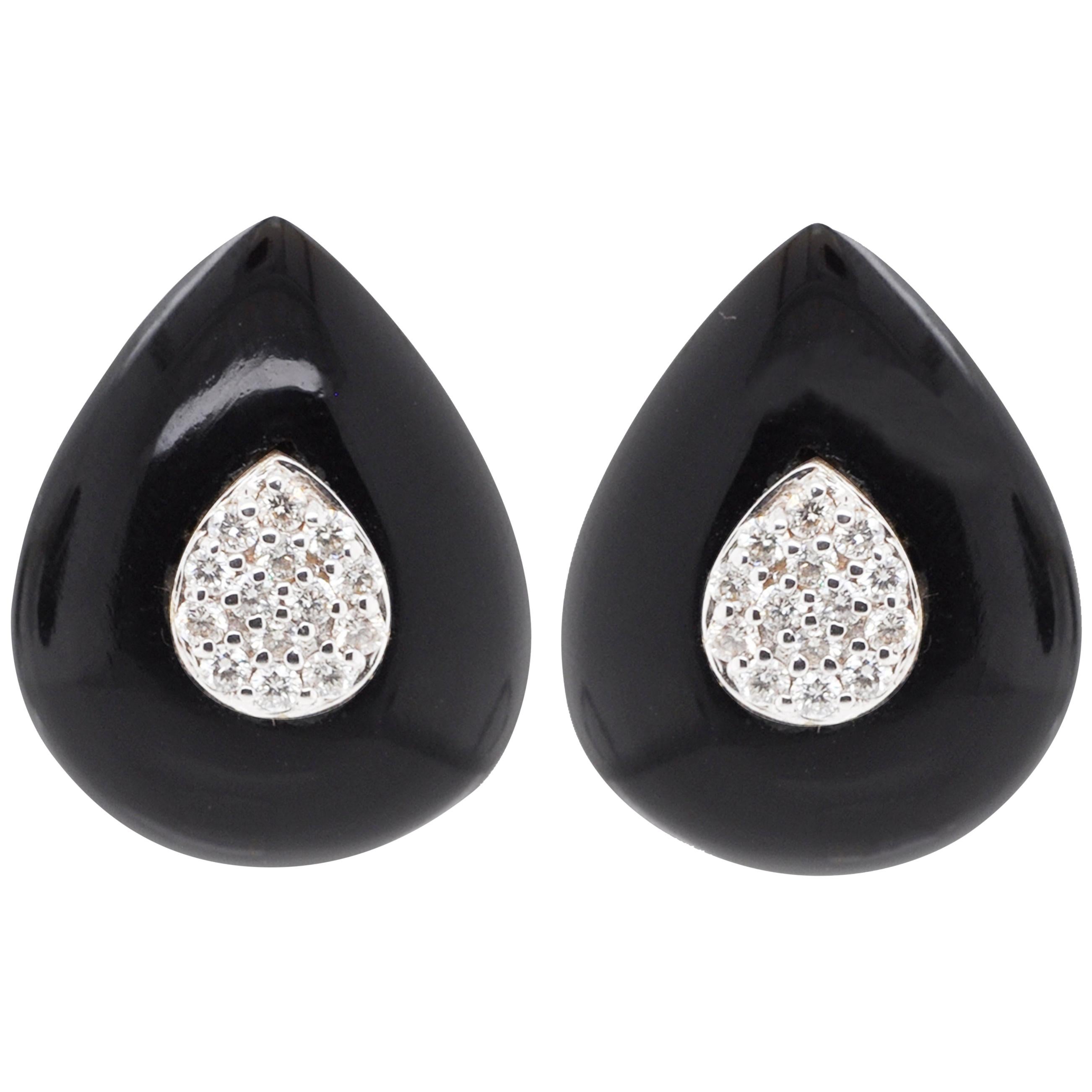 18 Karat Gold Black Onyx Pear Diamond Art Deco Style Stud Earrings For Sale