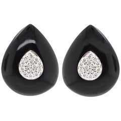18 Karat Gold Black Onyx Pear Diamond Art Deco Style Stud Earrings