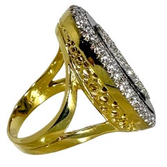 Onyx, Diamond and 18K Gold, Oval Shaped Ring 1 Inch Long x 5/8 Inch Wide