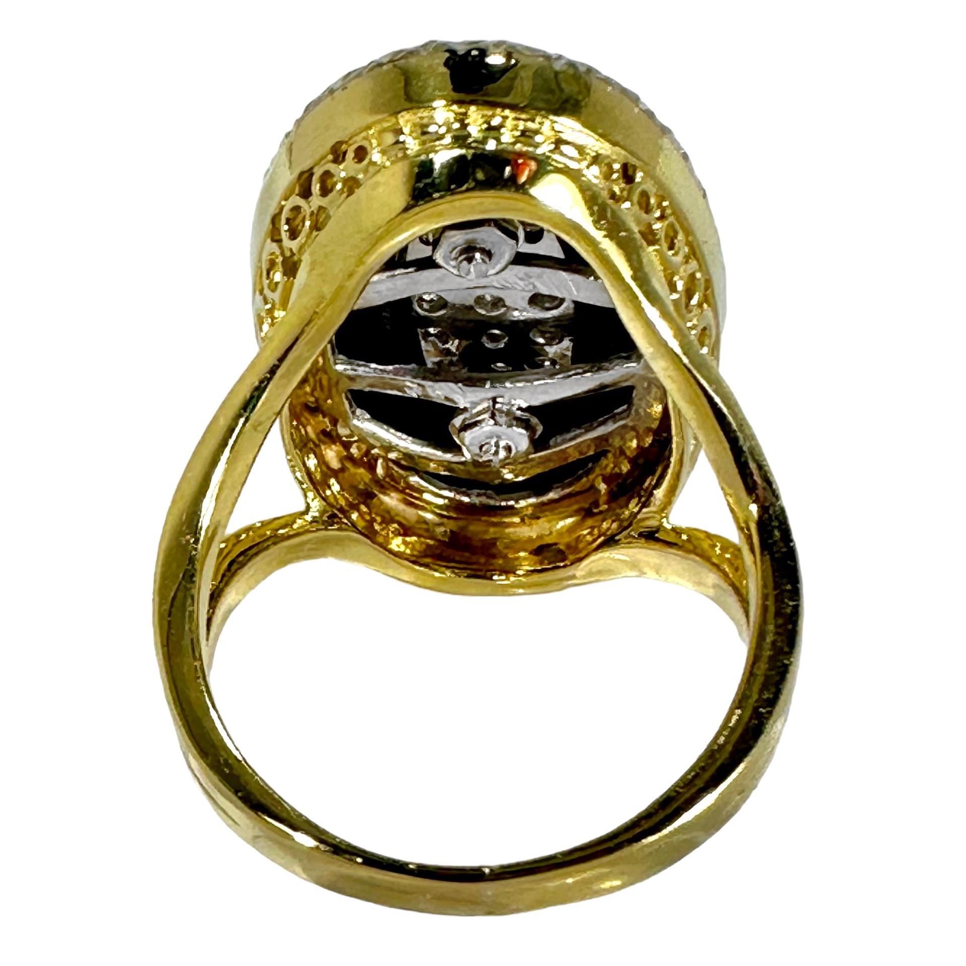 Round Cut Onyx, Diamond and 18K Gold, Oval Shaped Ring 1 Inch Long x 5/8 Inch Wide For Sale