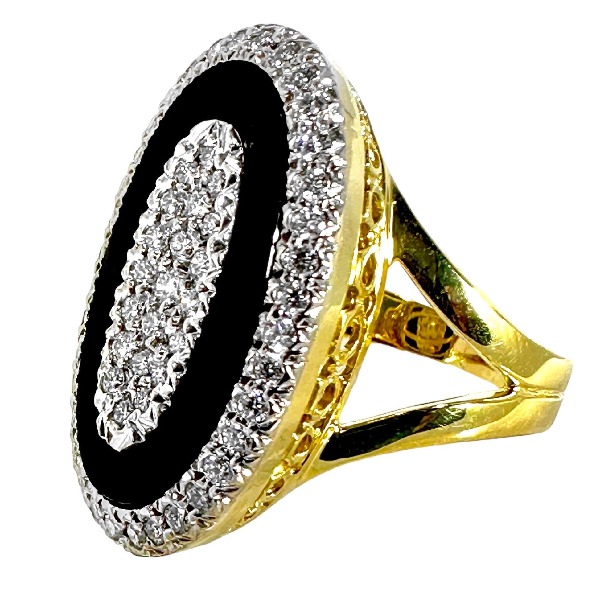 Women's Onyx, Diamond and 18K Gold, Oval Shaped Ring 1 Inch Long x 5/8 Inch Wide For Sale