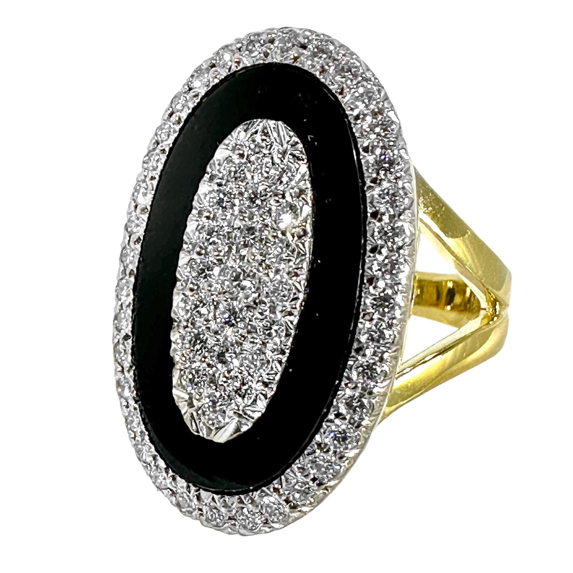 Onyx, Diamond and 18K Gold, Oval Shaped Ring 1 Inch Long x 5/8 Inch Wide For Sale 1