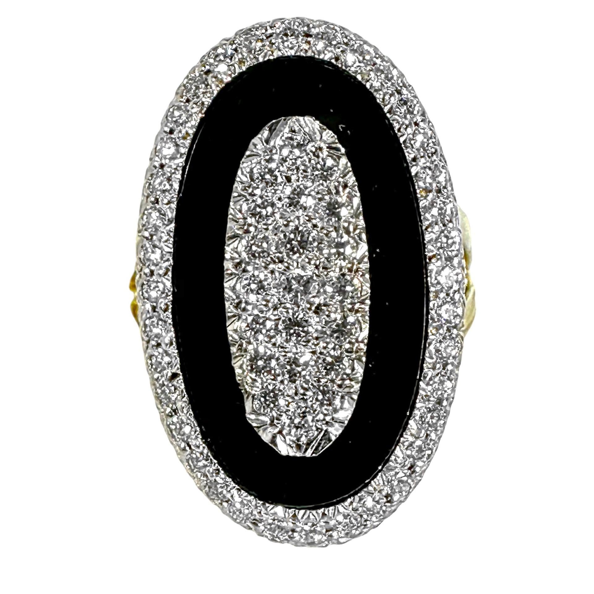 Onyx, Diamond and 18K Gold, Oval Shaped Ring 1 Inch Long x 5/8 Inch Wide For Sale 2