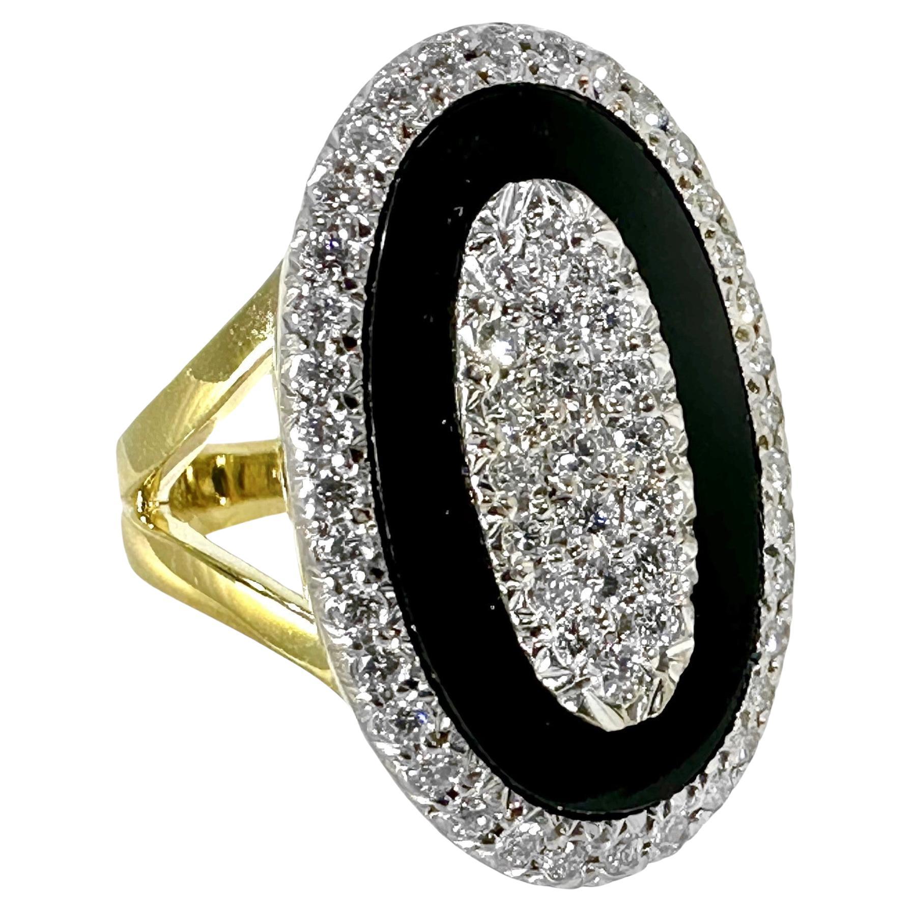 Onyx, Diamond and 18K Gold, Oval Shaped Ring 1 Inch Long x 5/8 Inch Wide
