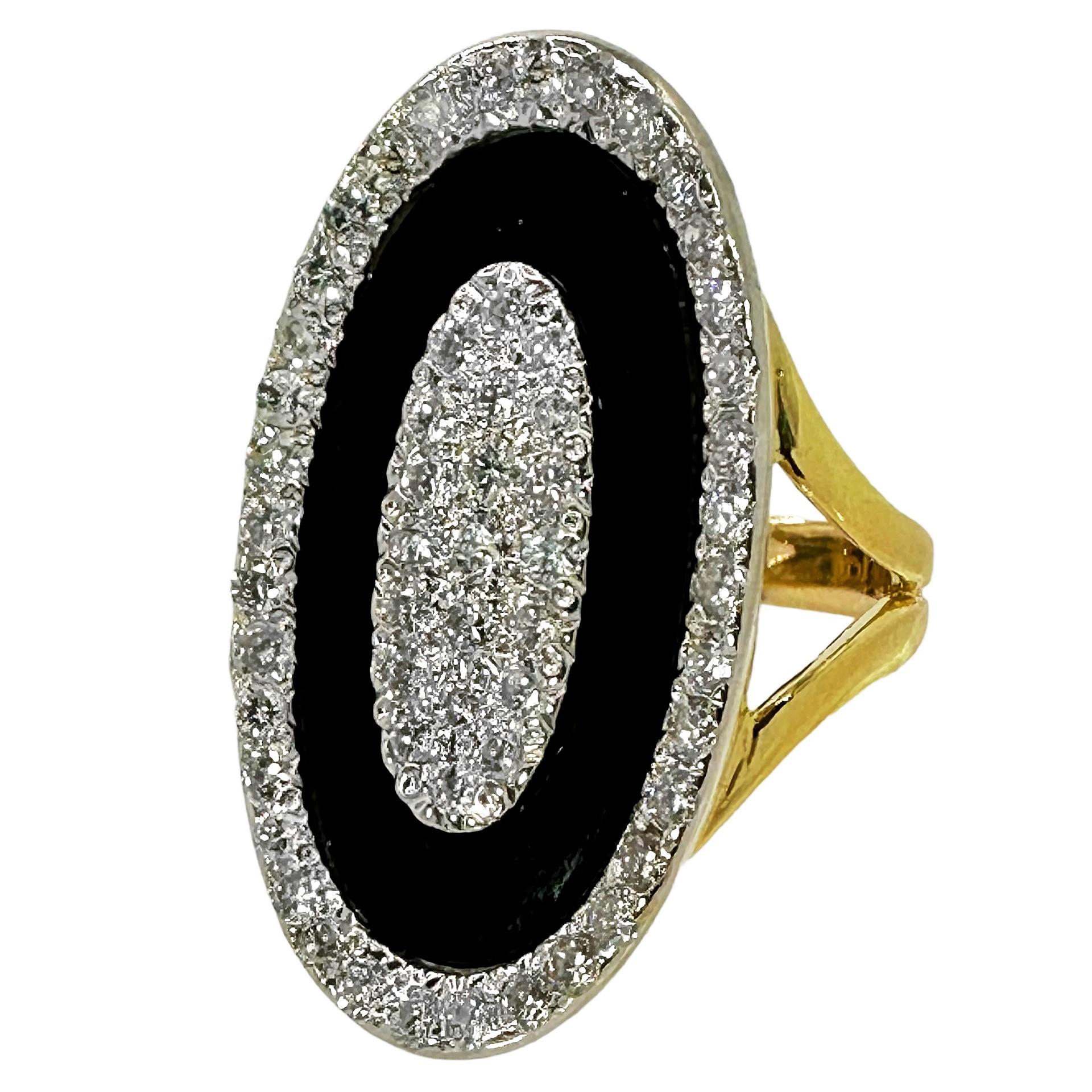 Women's Onyx, Diamond and 18K Gold, Oval Shaped Ring, 1.25 Inches Long by .75 Inch Wide For Sale