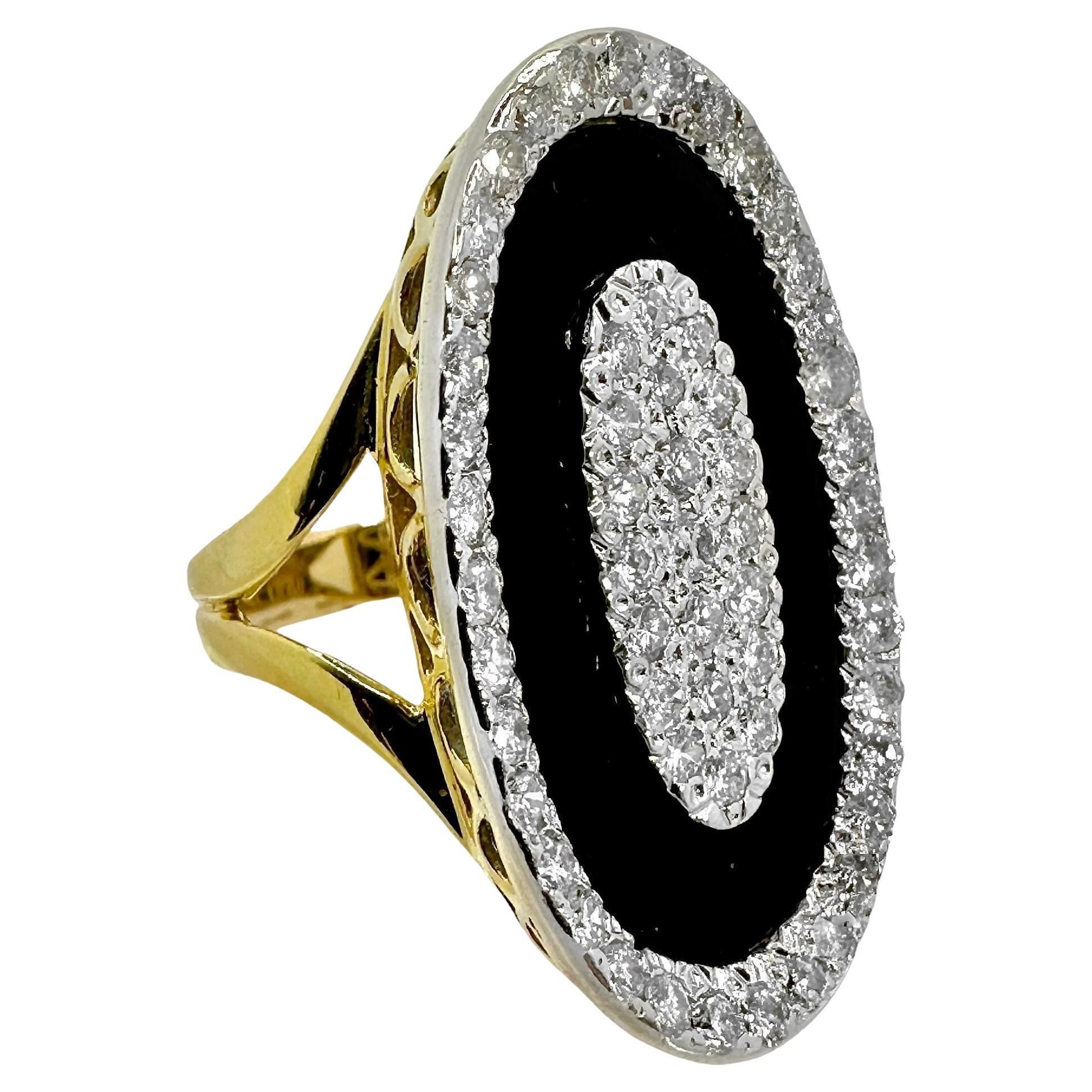 Onyx, Diamond and 18K Gold, Oval Shaped Ring, 1.25 Inches Long by .75 Inch Wide For Sale