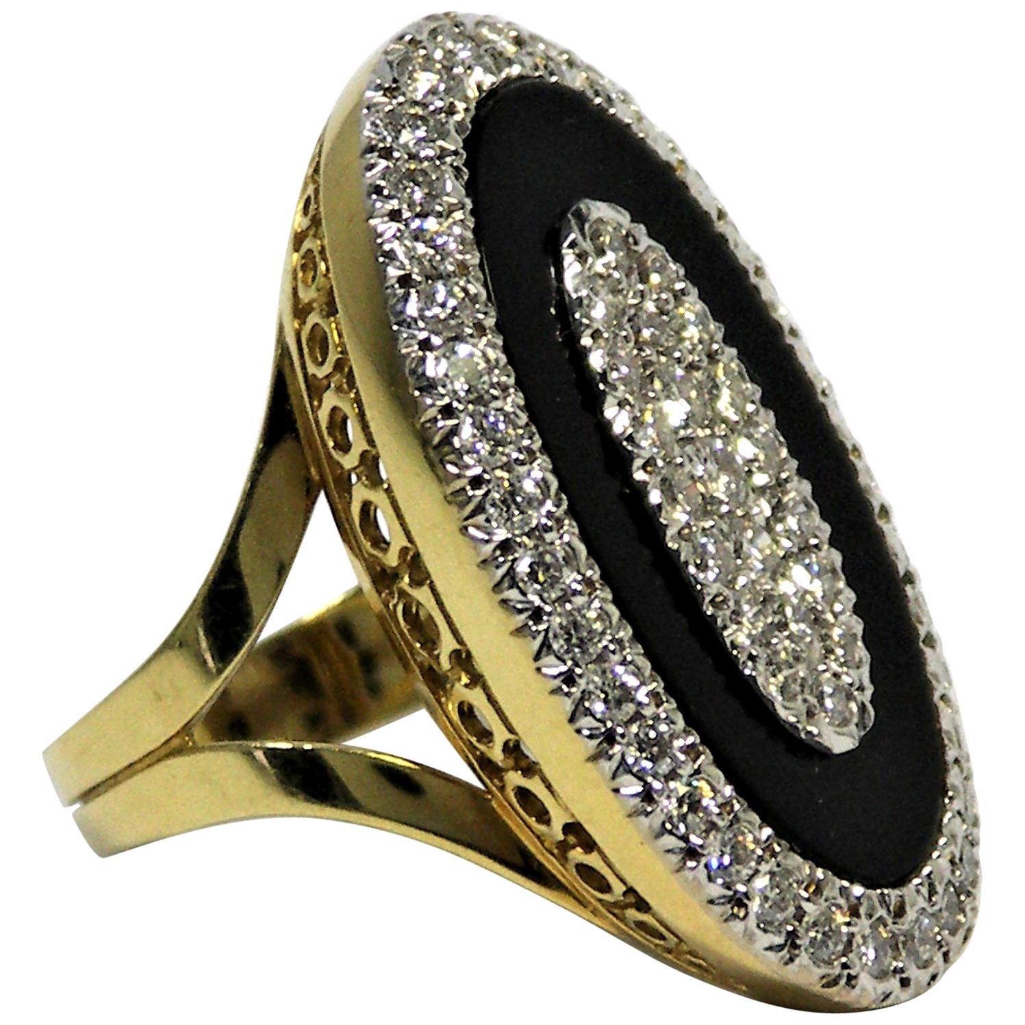 Onyx, Diamond and Gold Oval Shaped Ring