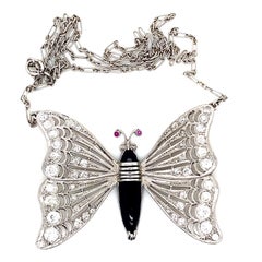 Onyx Diamond and Ruby 18 Karat Platinum Butterfly Necklace
