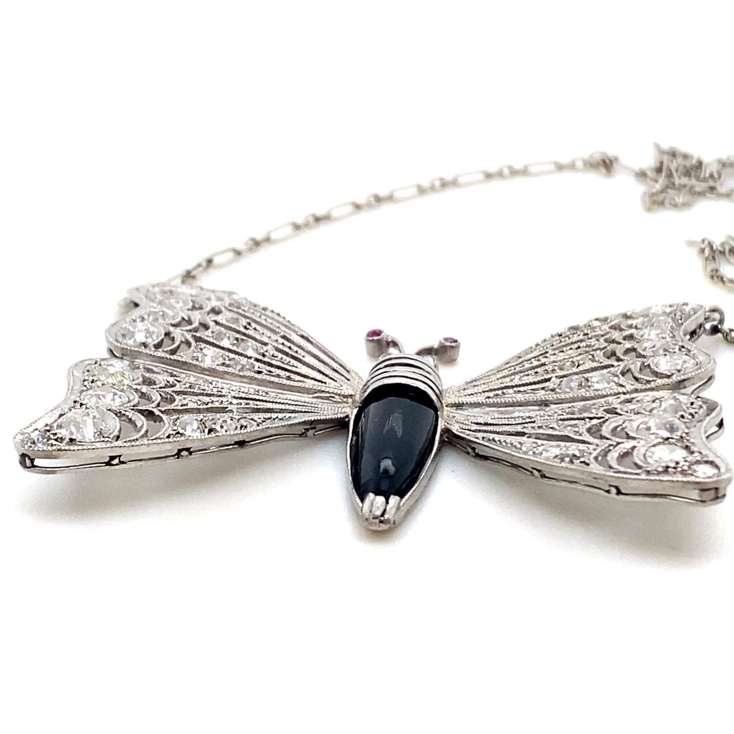 Retro Onyx Diamond and Ruby 18 Karat Platinum Butterfly Necklace For Sale