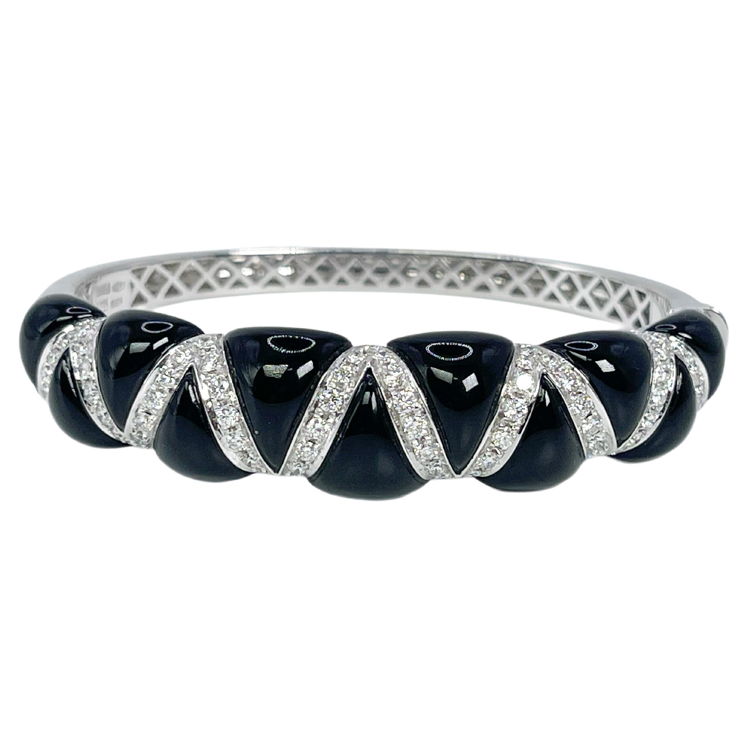 Onyx & Diamond Bangle Bracelet 18kt White Gold Chantecler For Sale