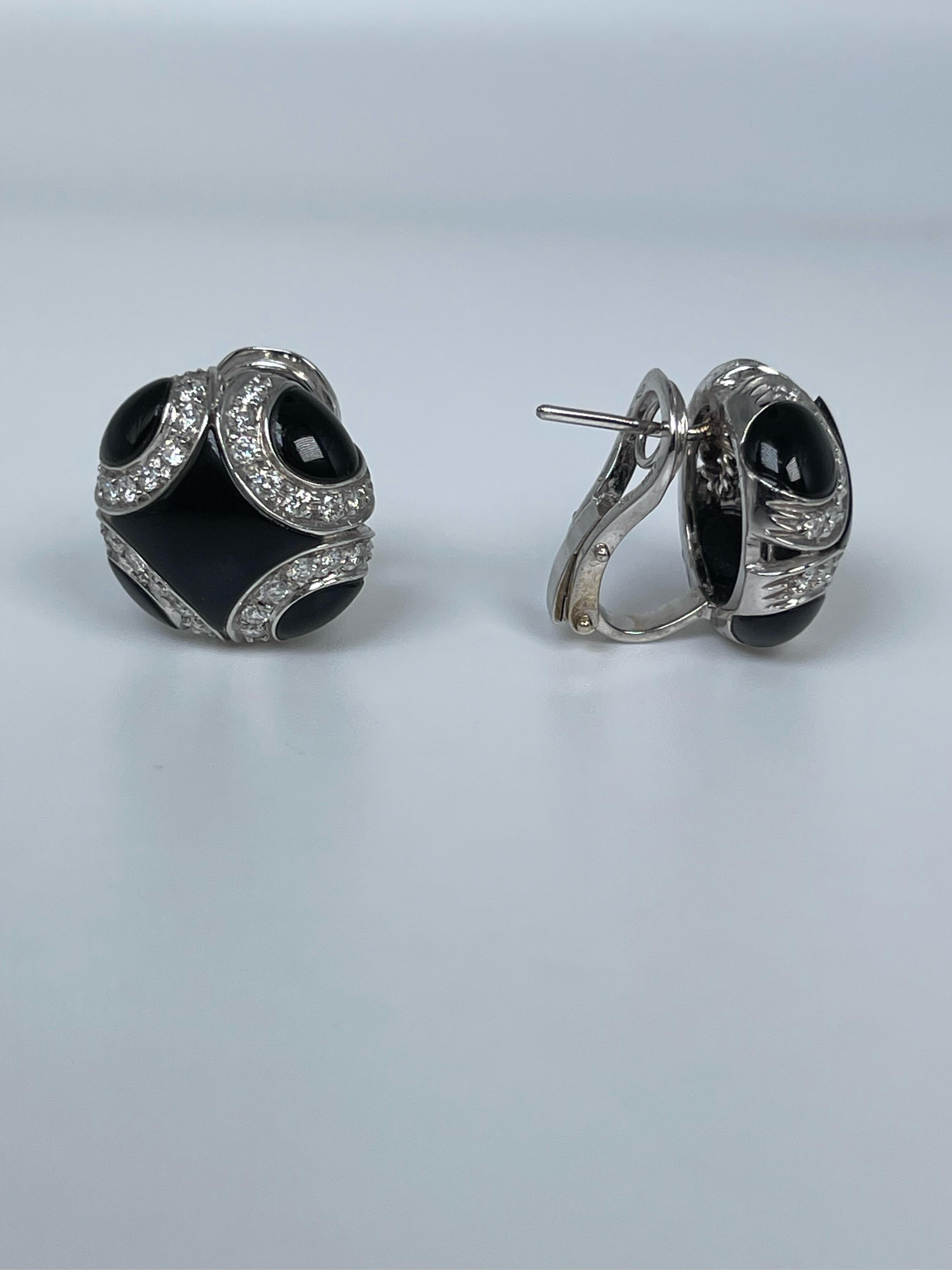 Renaissance Onyx & Diamond Bangle Earrings 18kt White Gold Chantecler Omega For Sale