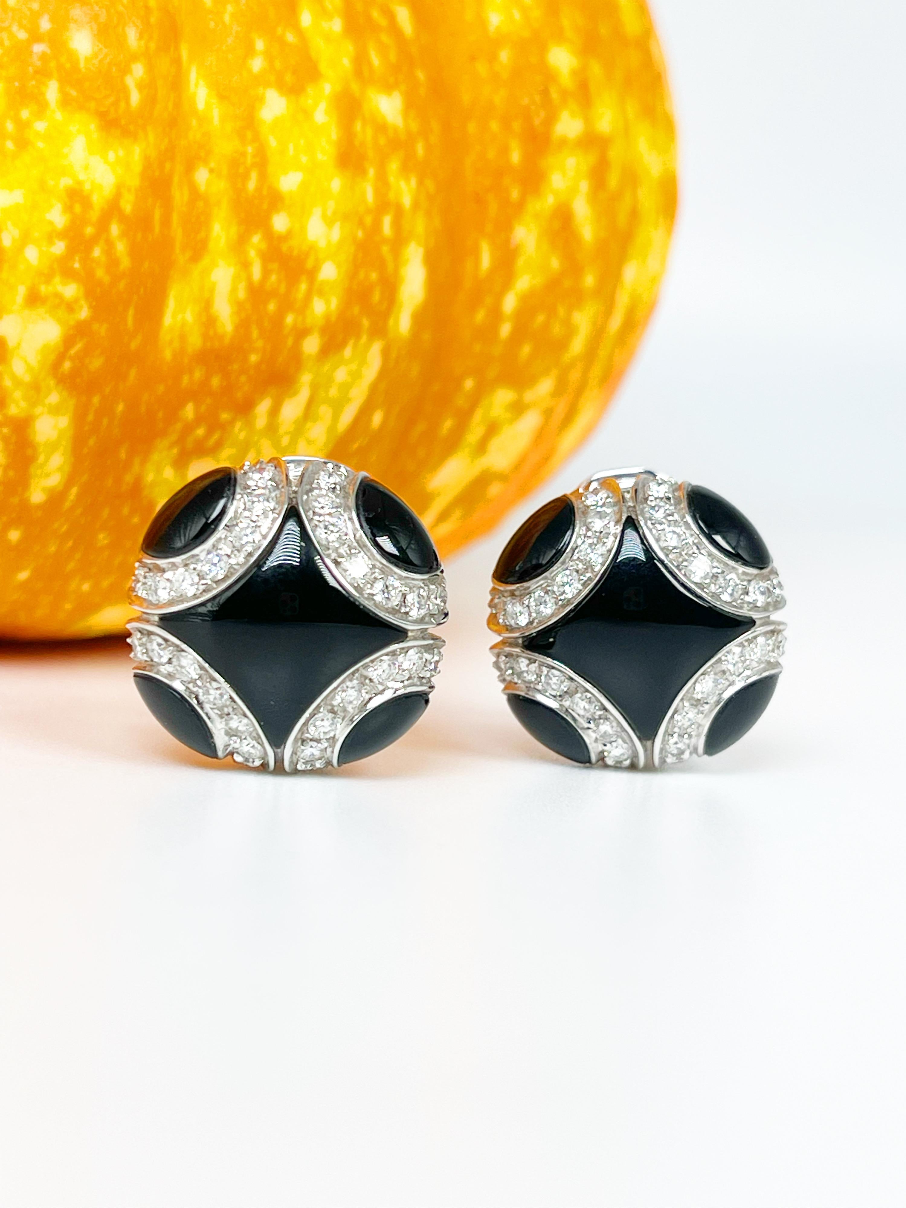 Round Cut Onyx & Diamond Bangle Earrings 18kt White Gold Chantecler Omega For Sale