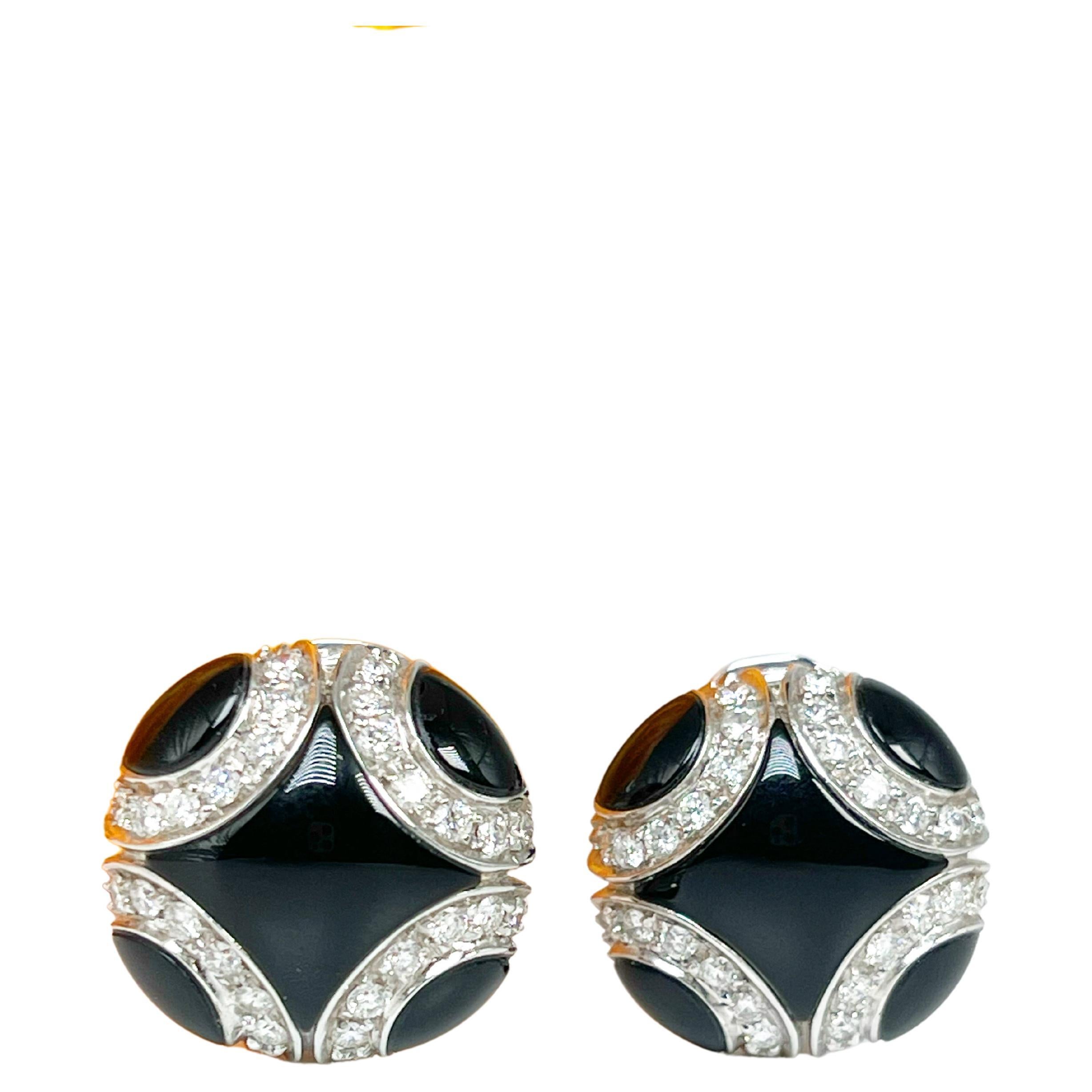 Boucles d'oreilles jonc Chantecler Omega en or blanc 18 carats, onyx et diamants