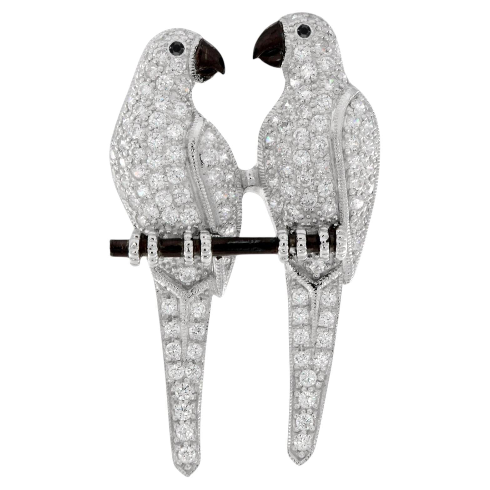 Onyx Diamond Black Enamel Art Deco Style Figural Parrot Bird Brooch in 14K Gold