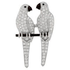 Onyx Diamond Black Enamel Art Deco Style Figural Parrot Bird Brooch in 14K Gold