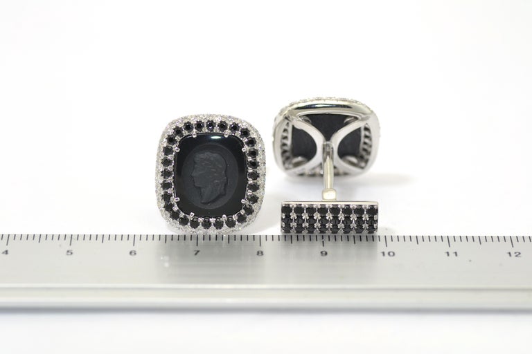 Round Cut Diamond Black Spinel Carved Onyx Made in Italy Studs Cufflinks For Sale