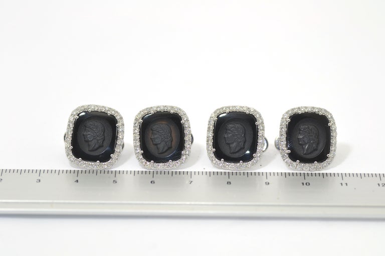 Diamond Black Spinel Carved Onyx Made in Italy Studs Cufflinks In New Condition For Sale In Valenza , IT
