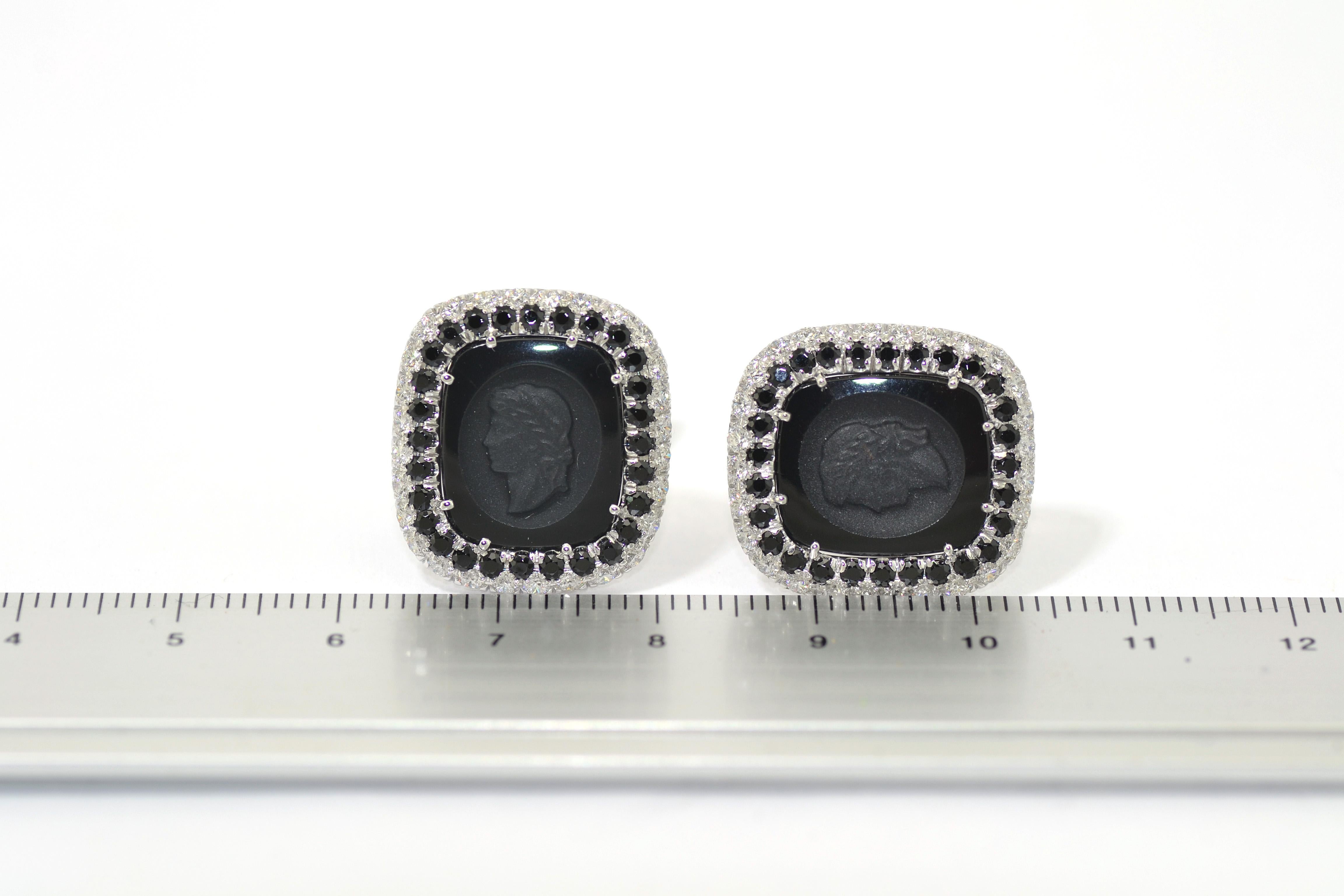 Round Cut Diamond Black Spinel Carved Onyx Made in Italy Studs Cufflinks