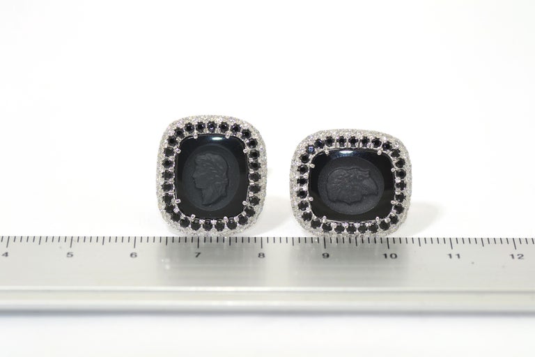 Diamond Black Spinel Carved Onyx Made in Italy Studs Cufflinks For Sale 1