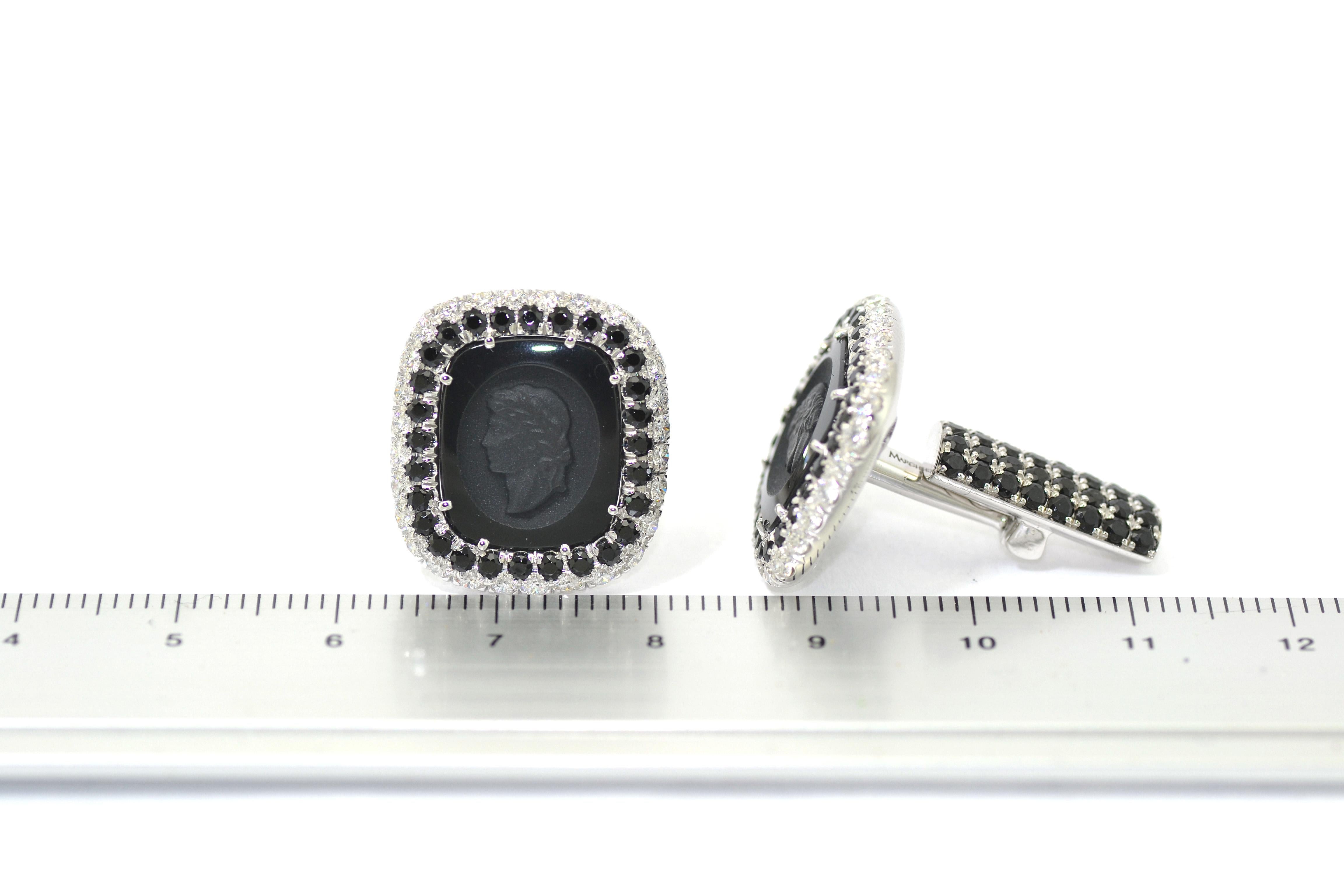 Diamond Black Spinel Carved Onyx Made in Italy Studs Cufflinks In New Condition In Valenza , IT