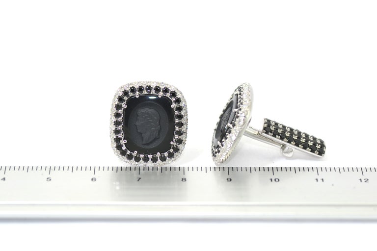 Diamond Black Spinel Carved Onyx Made in Italy Studs Cufflinks For Sale 2