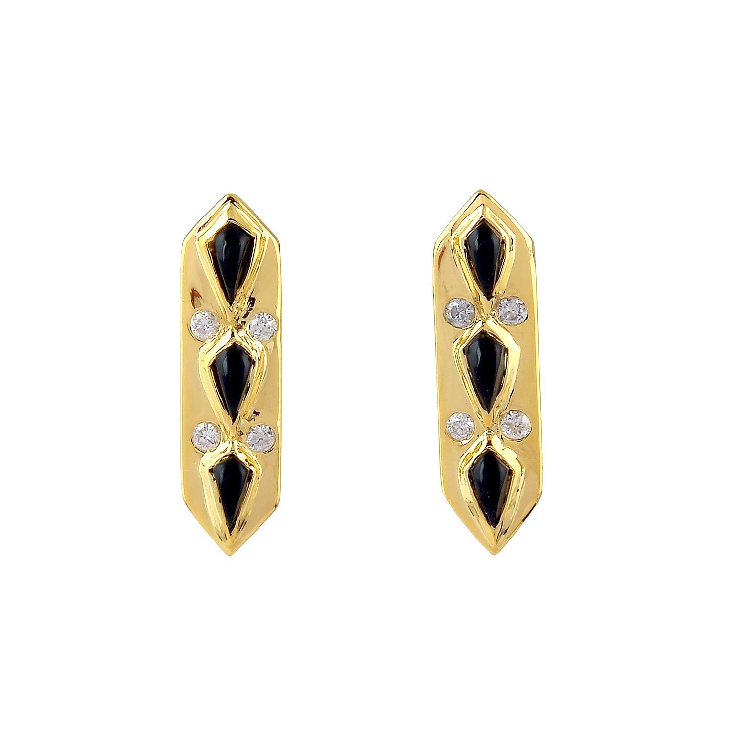 Artisan Onyx & Diamond Designer Stud Earrings Made In 18k Yellow Gold For Sale