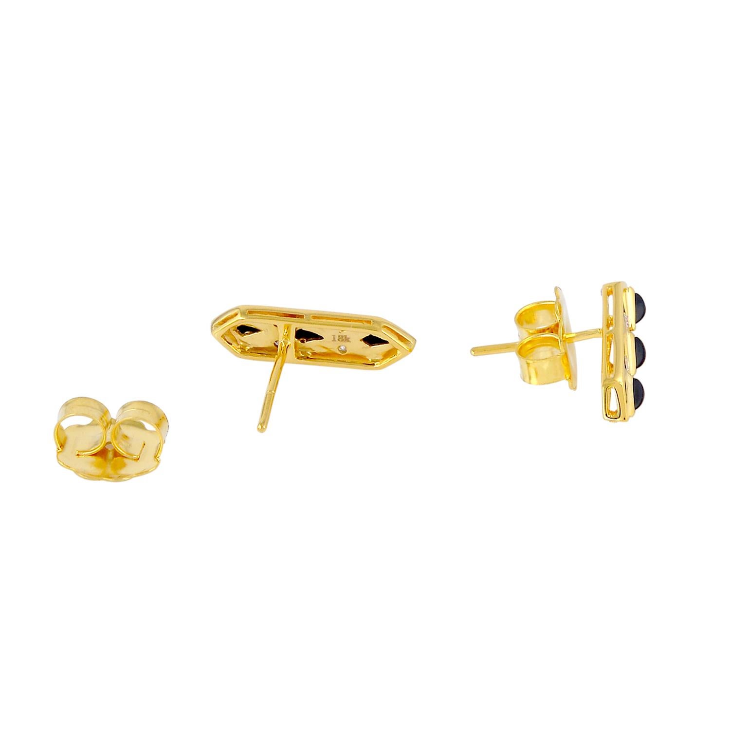 Mixed Cut Onyx & Diamond Designer Stud Earrings Made In 18k Yellow Gold For Sale
