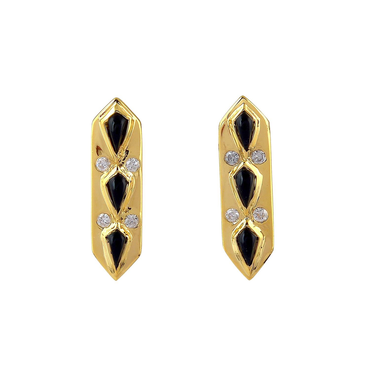 Onyx & Diamond Designer Stud Earrings Made In 18k Yellow Gold In New Condition For Sale In New York, NY
