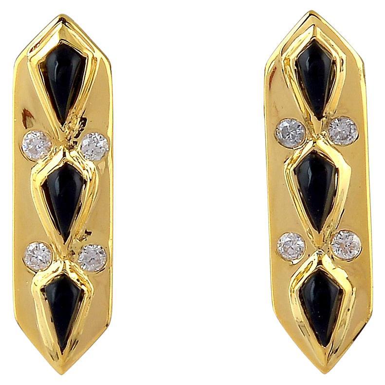 Onyx & Diamond Designer Stud Earrings Made In 18k Yellow Gold For Sale