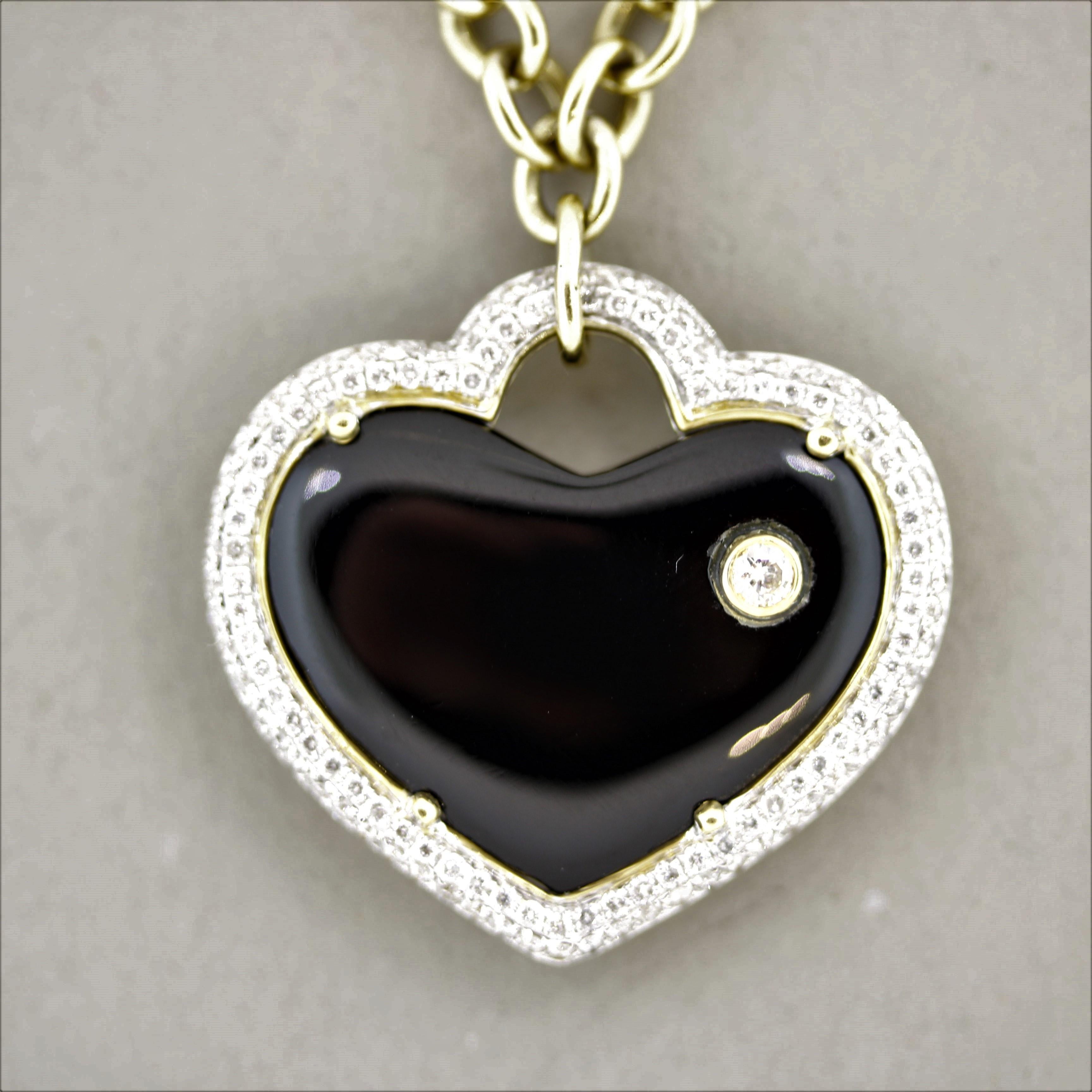 Mixed Cut Onyx Diamond Gold Heart Drop Necklace