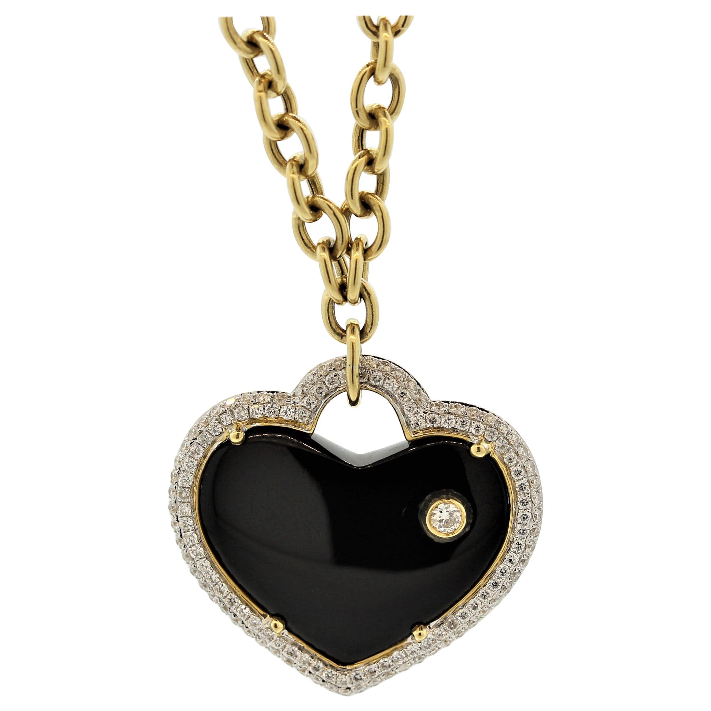 Onyx Diamond Gold Heart Drop Necklace