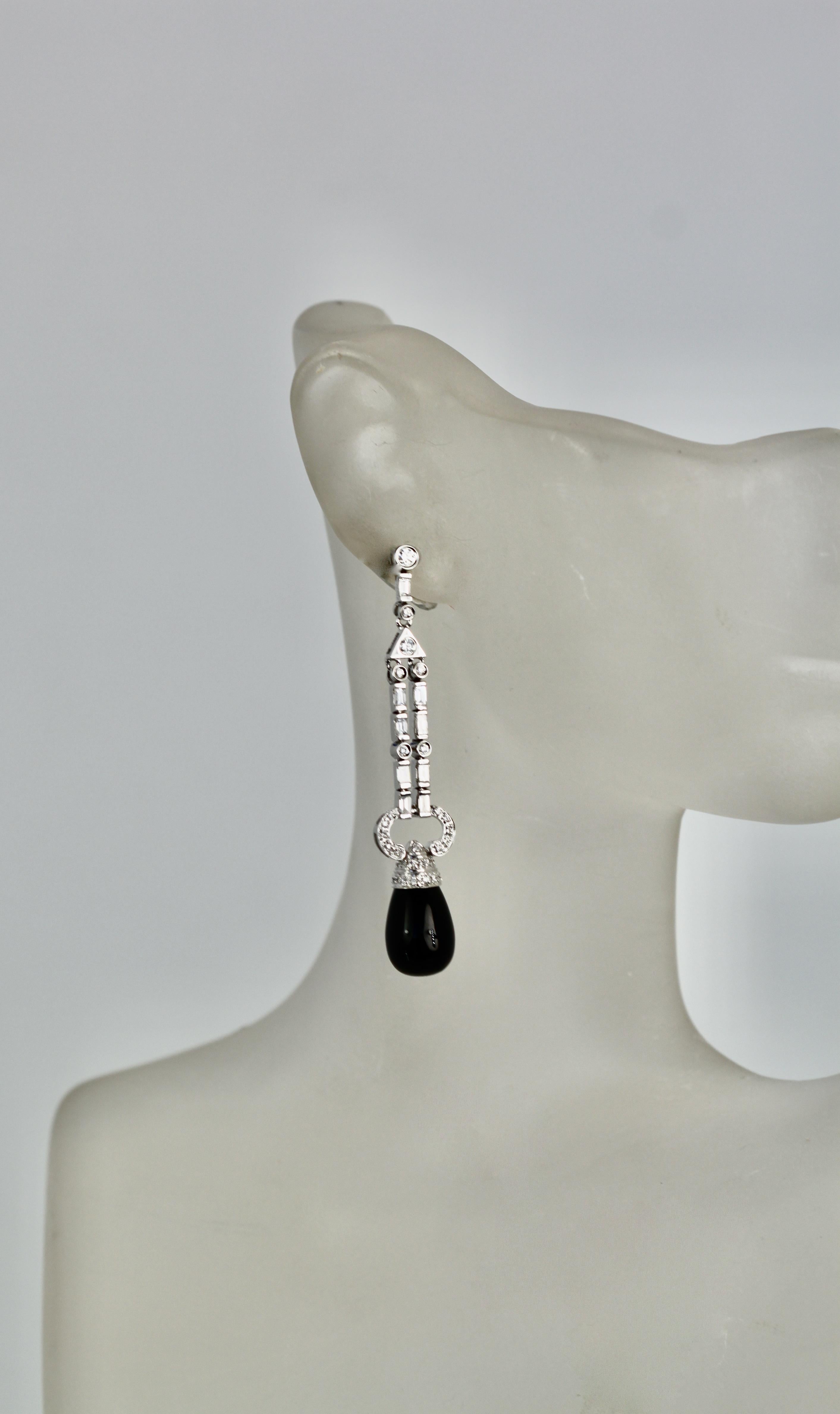 Onyx Diamond Long Earrings 18K For Sale 4