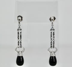Art Deco 18K Gold Onyx Diamond Dangle Earrings, Spain, 11.9g