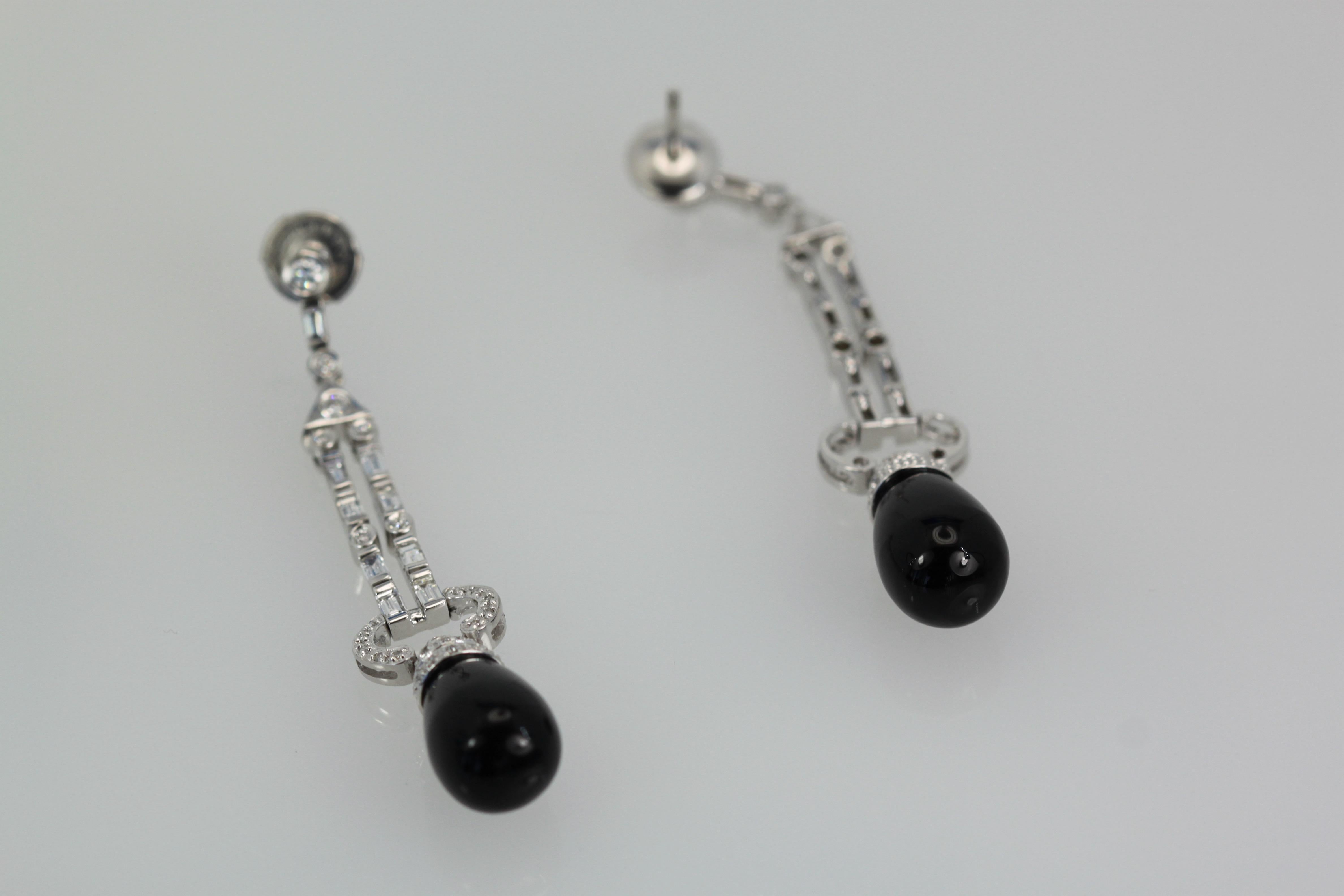 Art Deco Onyx Diamond Long Earrings 18K For Sale