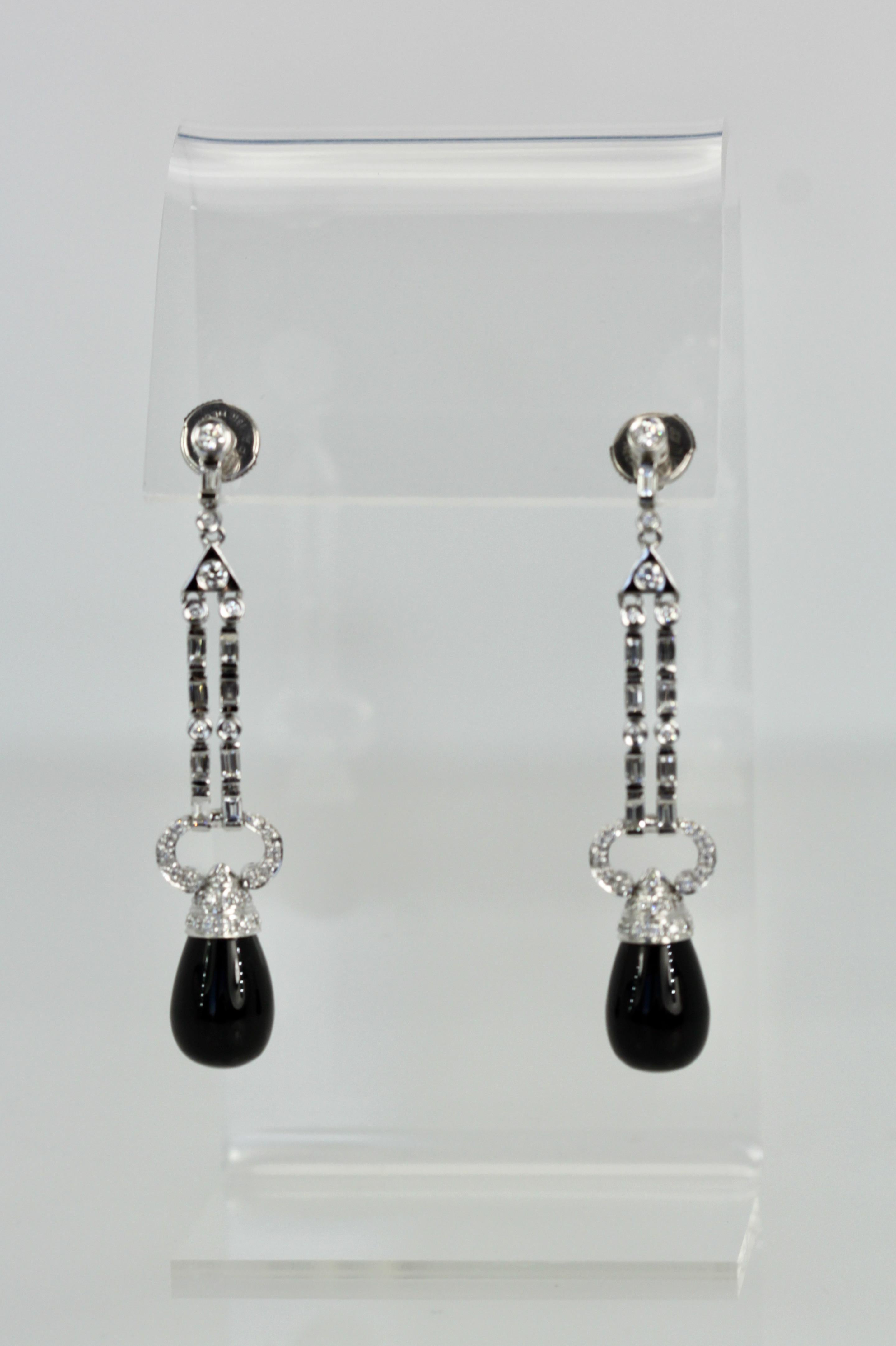 Women's Onyx Diamond Long Earrings 18K For Sale