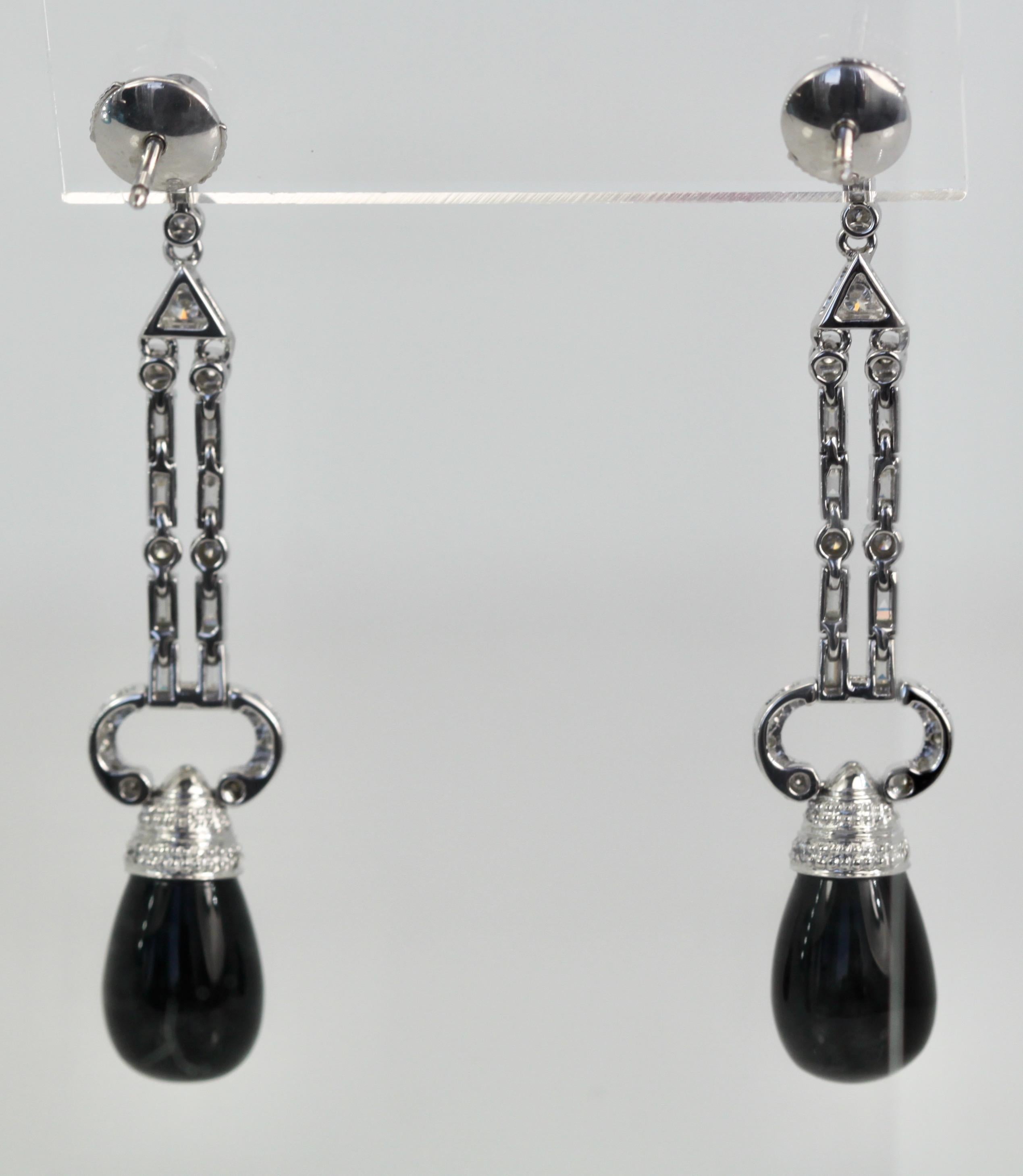 Onyx Diamond Long Earrings 18K For Sale 2