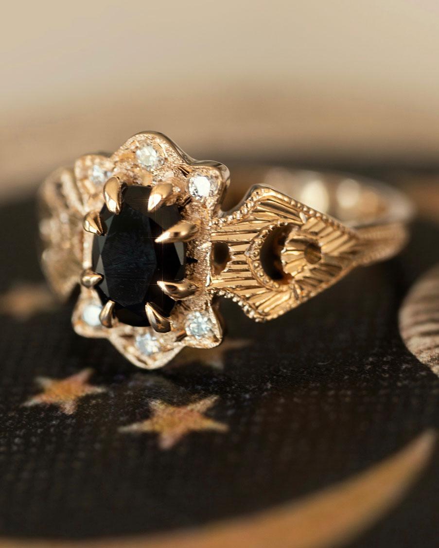 For Sale:  Onyx Diamond Oval Cut Claw Prong Moon Crescent Lullaby Baby Ring 2